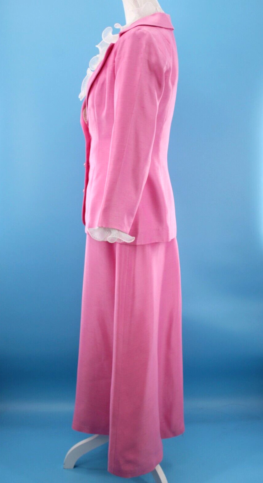 Vtg Women’s 60s 2 Pc Pink & White Ruffle Front Maxi Dress W/ Jacket XS/S 1960s