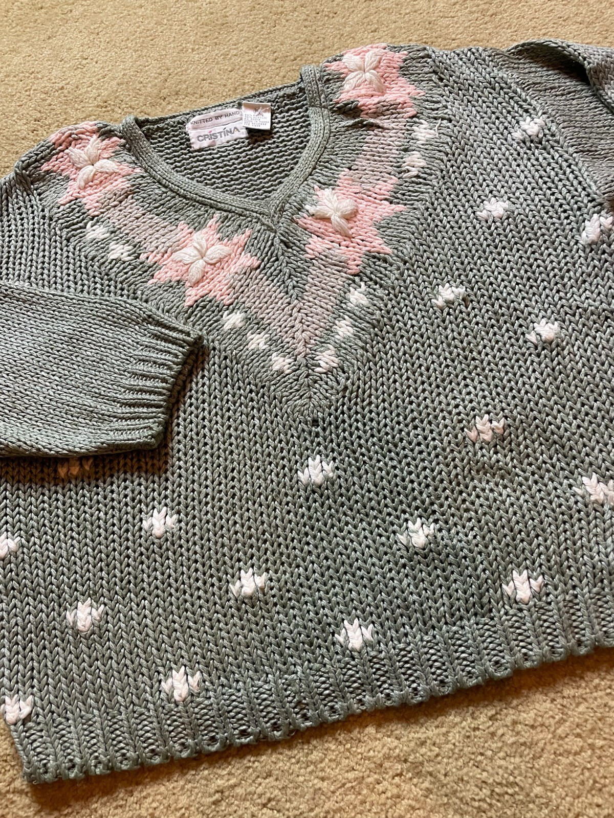 Vintage 80s Slouchy Chunky Hand Knit Granny Core Pullover Sweater Snowflake M
