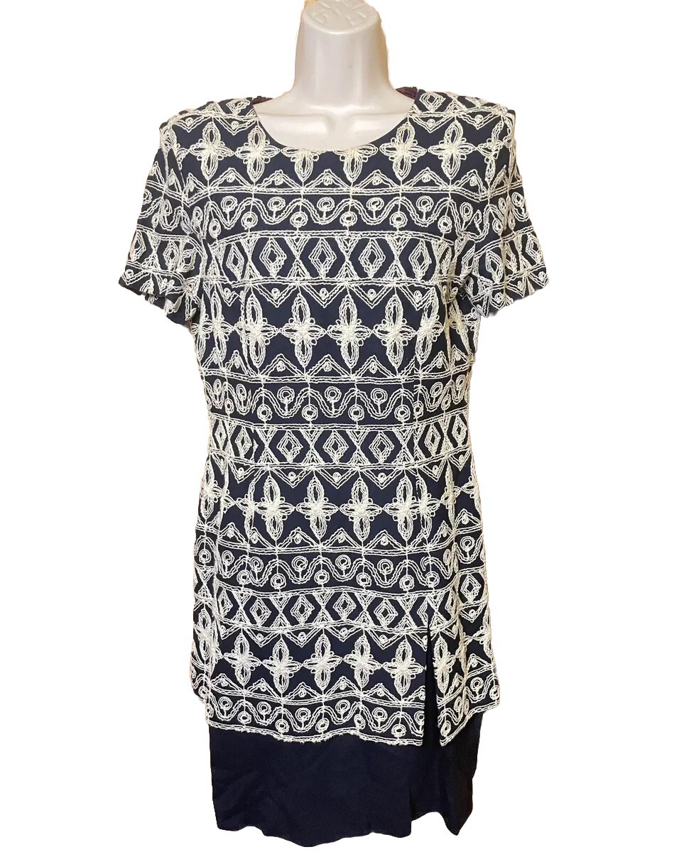 Vintage 1970s Yves Cossette Depeche Mode Size 6 Navy & Ivory Embroidered Dress