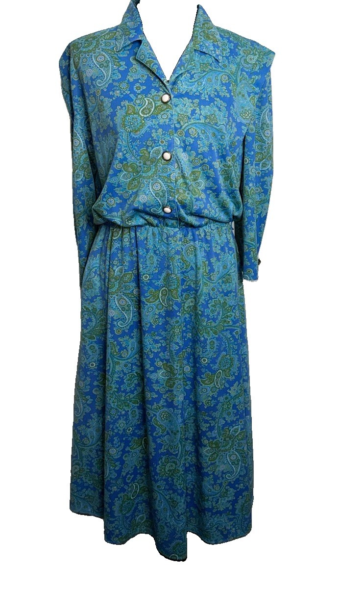 California Looks Vintage Women’s Dress Blue Green Paisley Pockets Sz 12 *no Belt