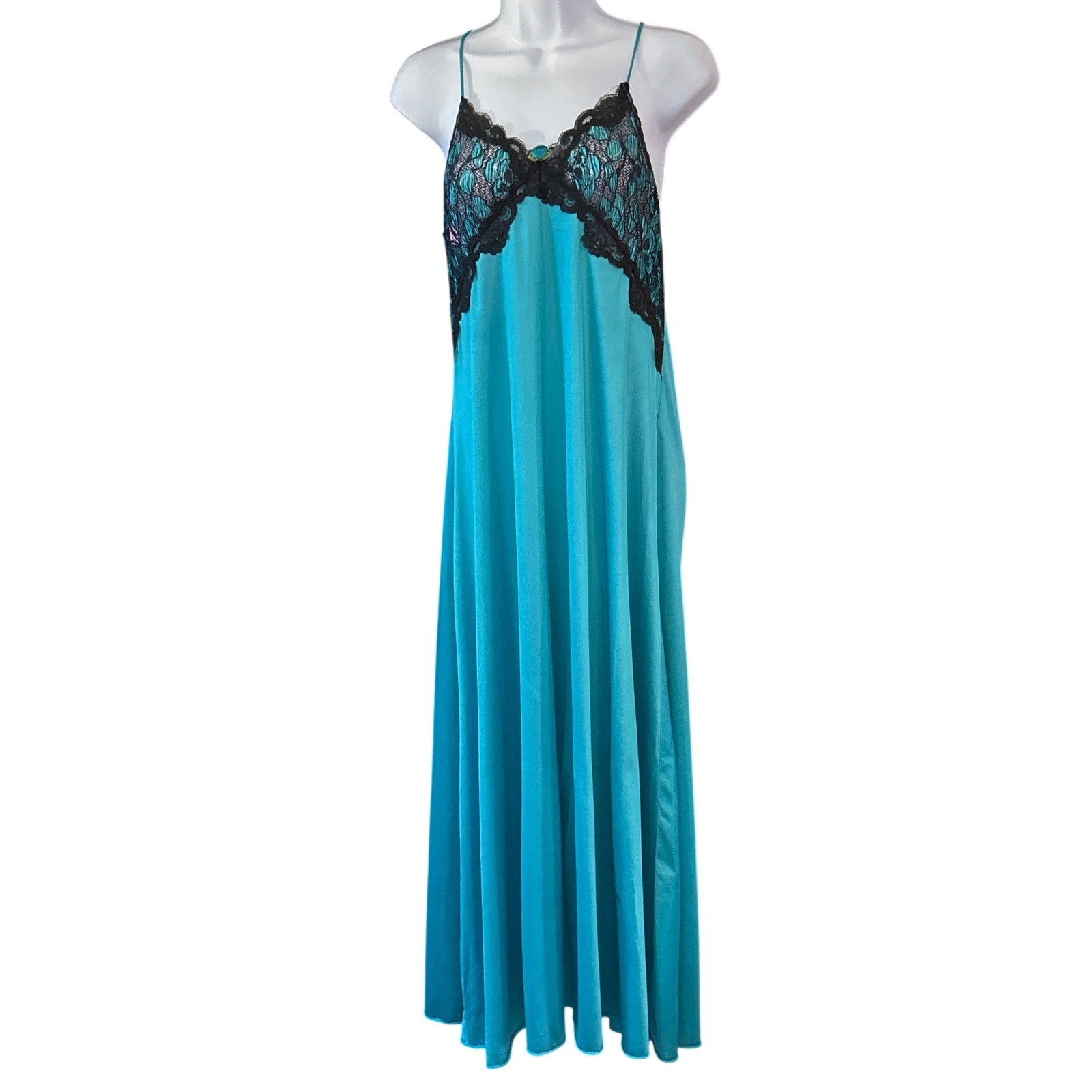 Vintage CineStar Nightgown Teal Blue Black Lace Romantic Glamour Regencycore