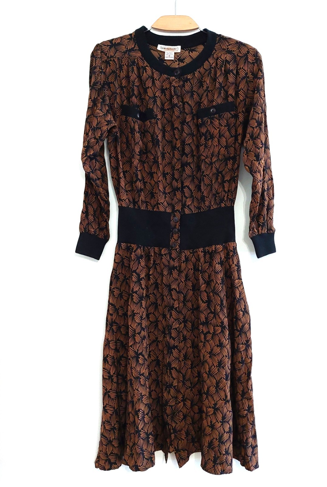 Vtg 80s Lauren Alexandra Midi Shirt Dress Sz 10 100% Silk Secretary Brown Black
