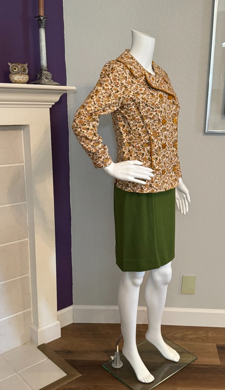 Vintage 70s Robbie Rivers Army Green, Gold, Brown Flower Jacket & Catilina Skirt