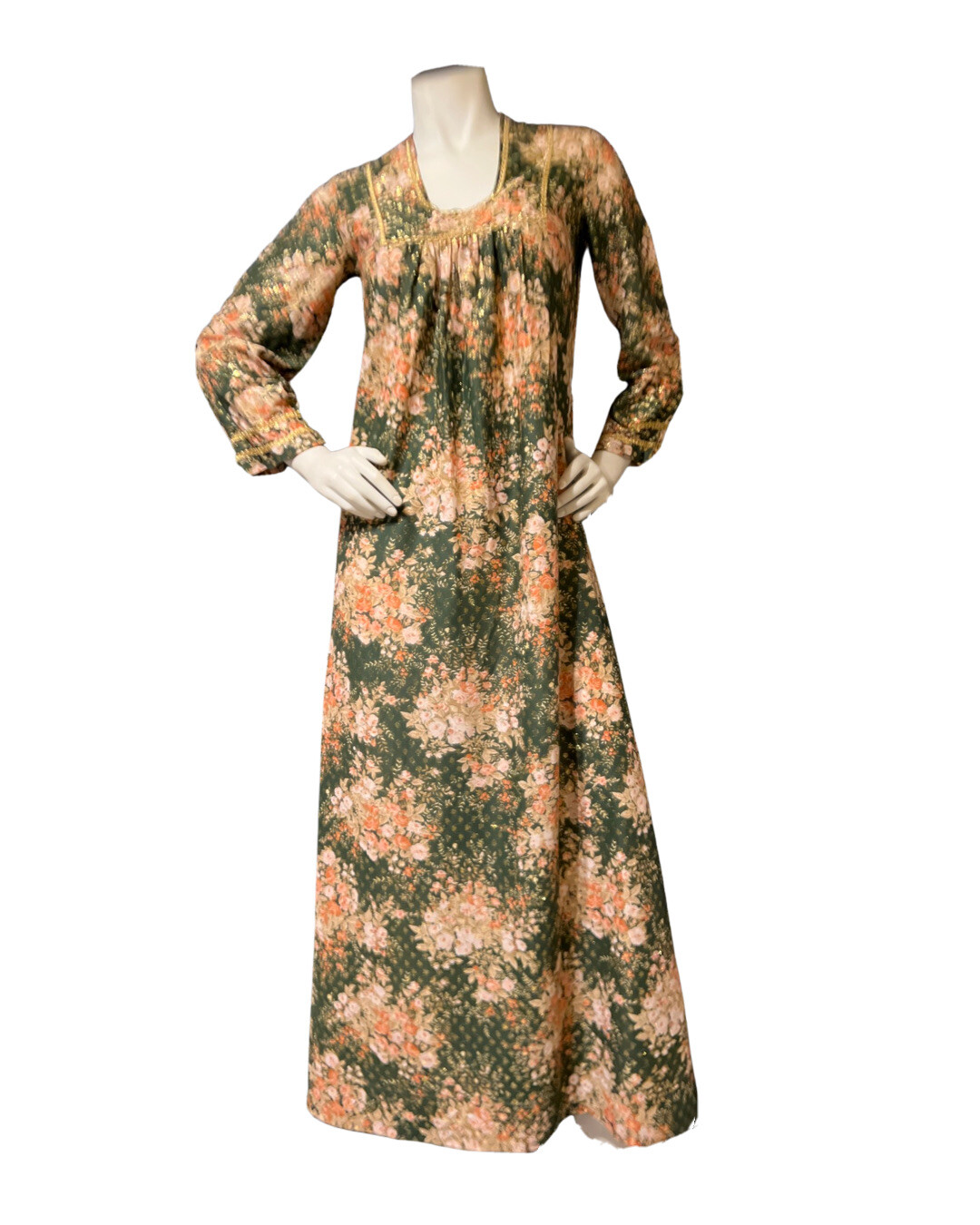 60s Vintage Green Gold Metallic Lame Floral Bouquet Caftan Dress S/M MAXI