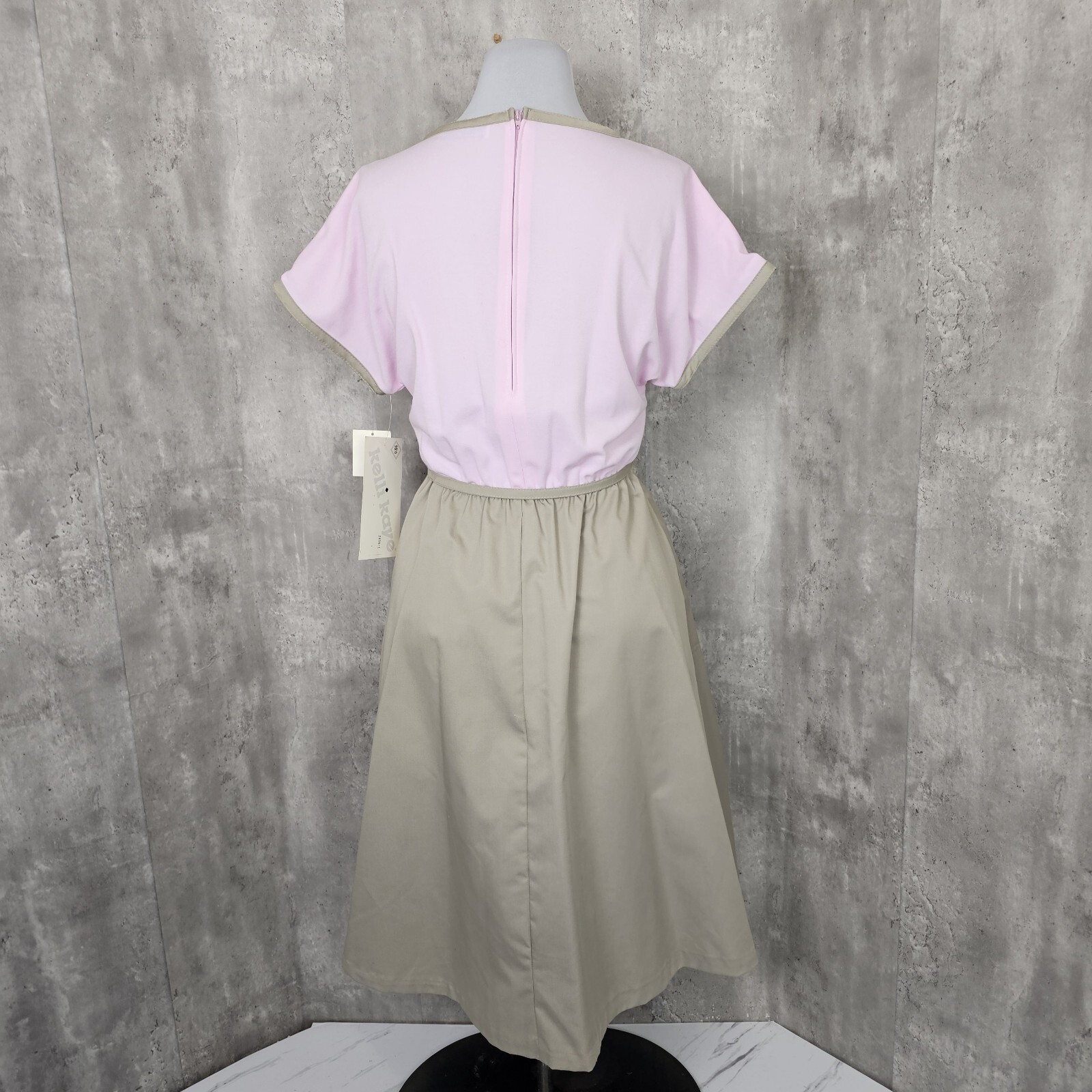 Vintage 80s Kelli Kaye Lilac Tan Midi Dress NWT USA 16 1/2 Pastel Soft Retro Mod