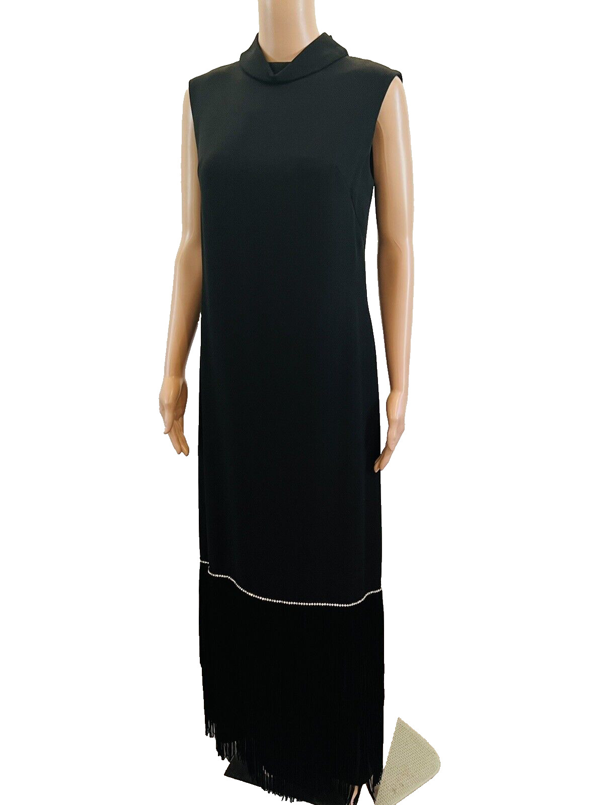 VTG 1960s Pavillon Design Black Evening Gown Maxi Dress Fringe & Rhinestones M*
