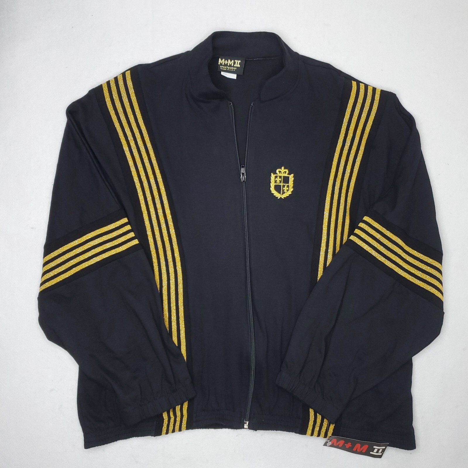 Vintage 80’s M+M Sportswear USA Zip Up Jacket Black Gold HipHop Dance Crest Logo