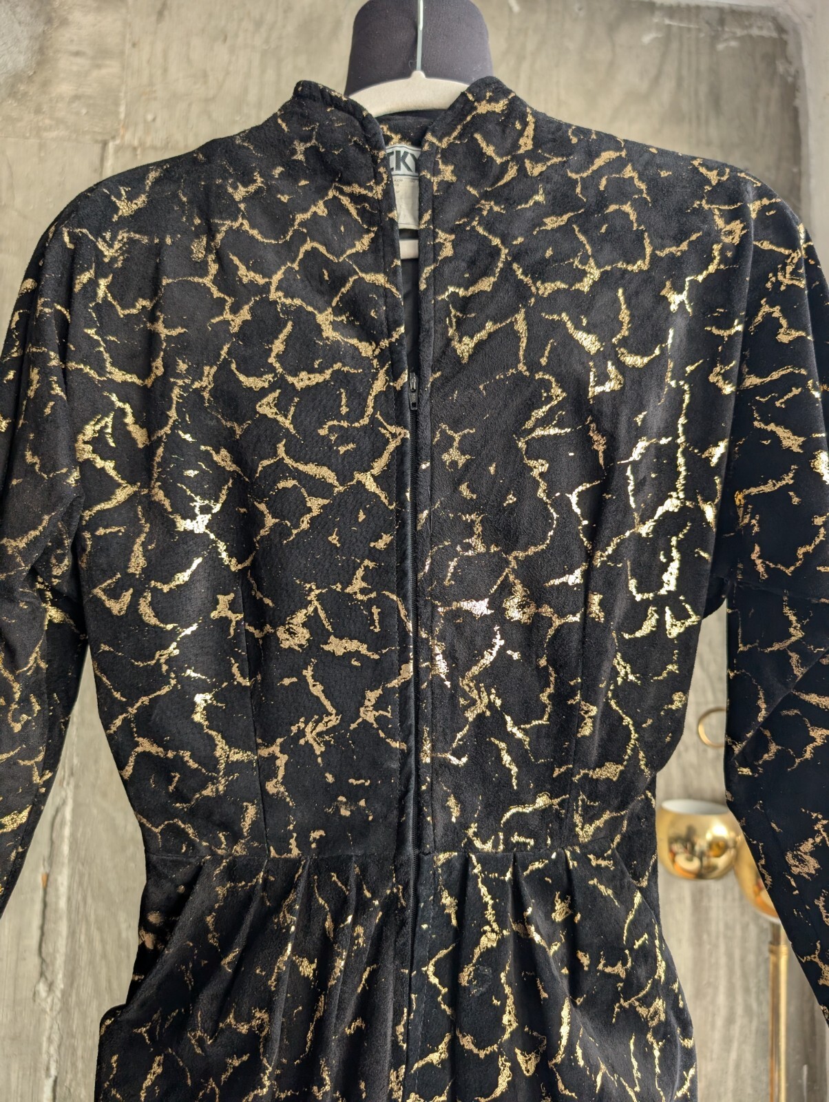 Vintage Vicky Tiel Black and Metallic Gold Suede Long Sleeve Jumpsuit France-XS