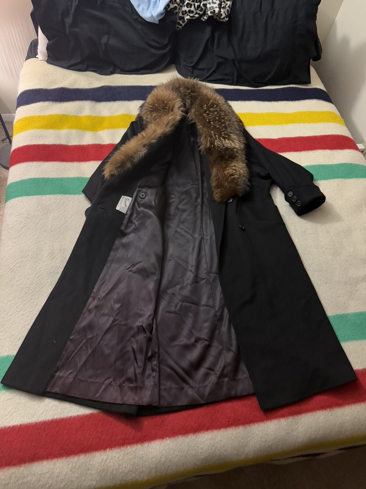 Vintage Gemini Black Full Length Wool Coat Jacket Finncoon Raccoon Fur Collar XL