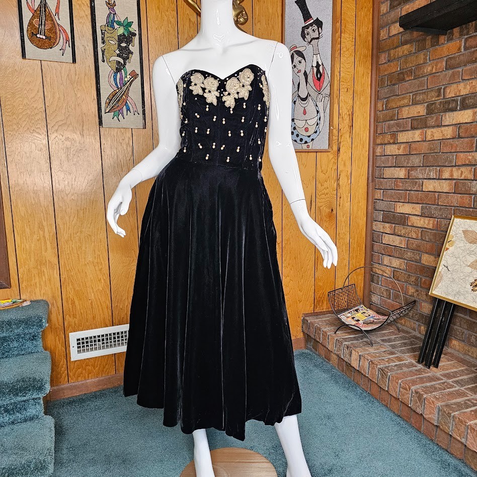 Vtg 40s New Look Pearl Drops Beaded Velvet Evening Formal Party Full Dress XS/S