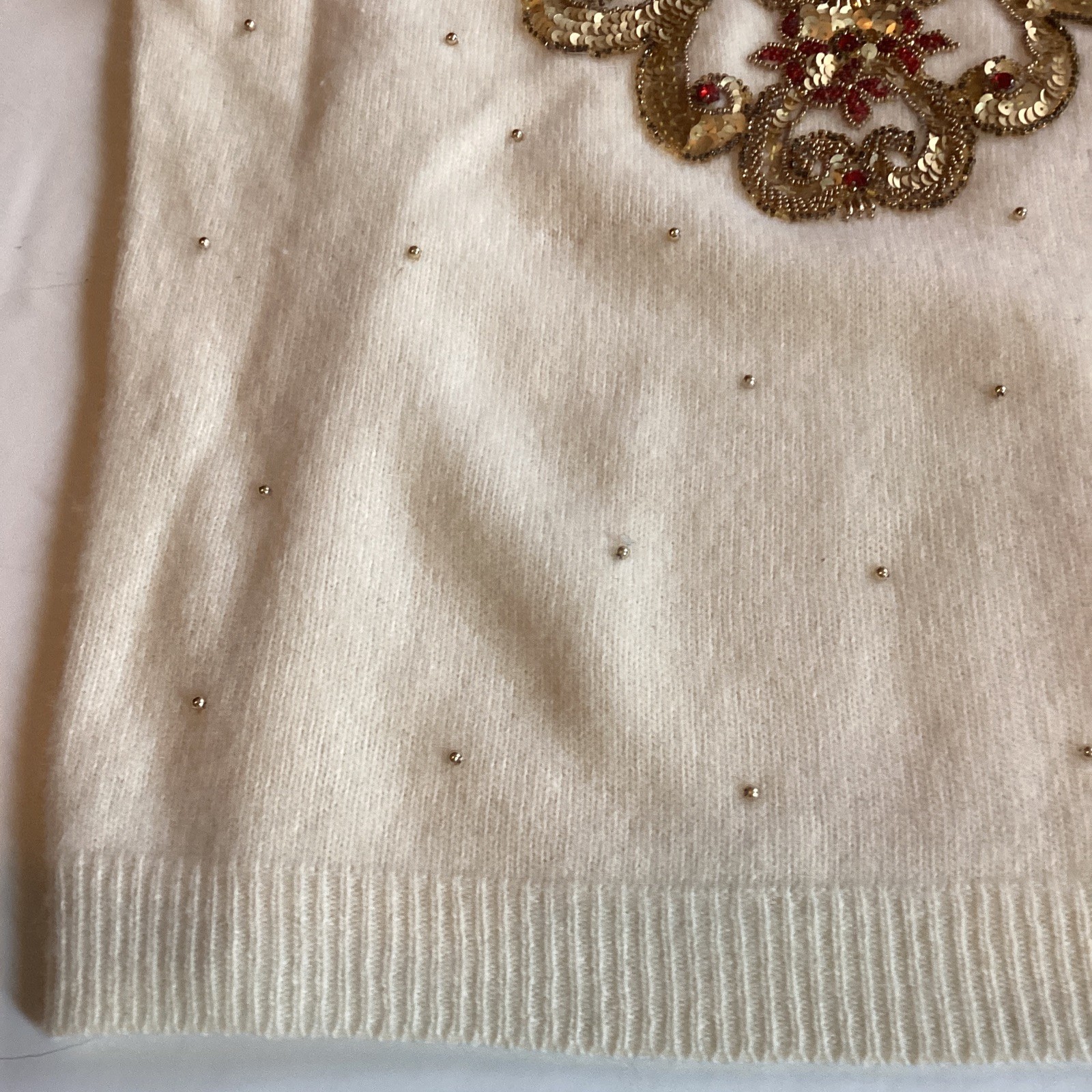 VTG Marisa Christina Sweater Winter White Wool/Angora Large Gold & Red Beading