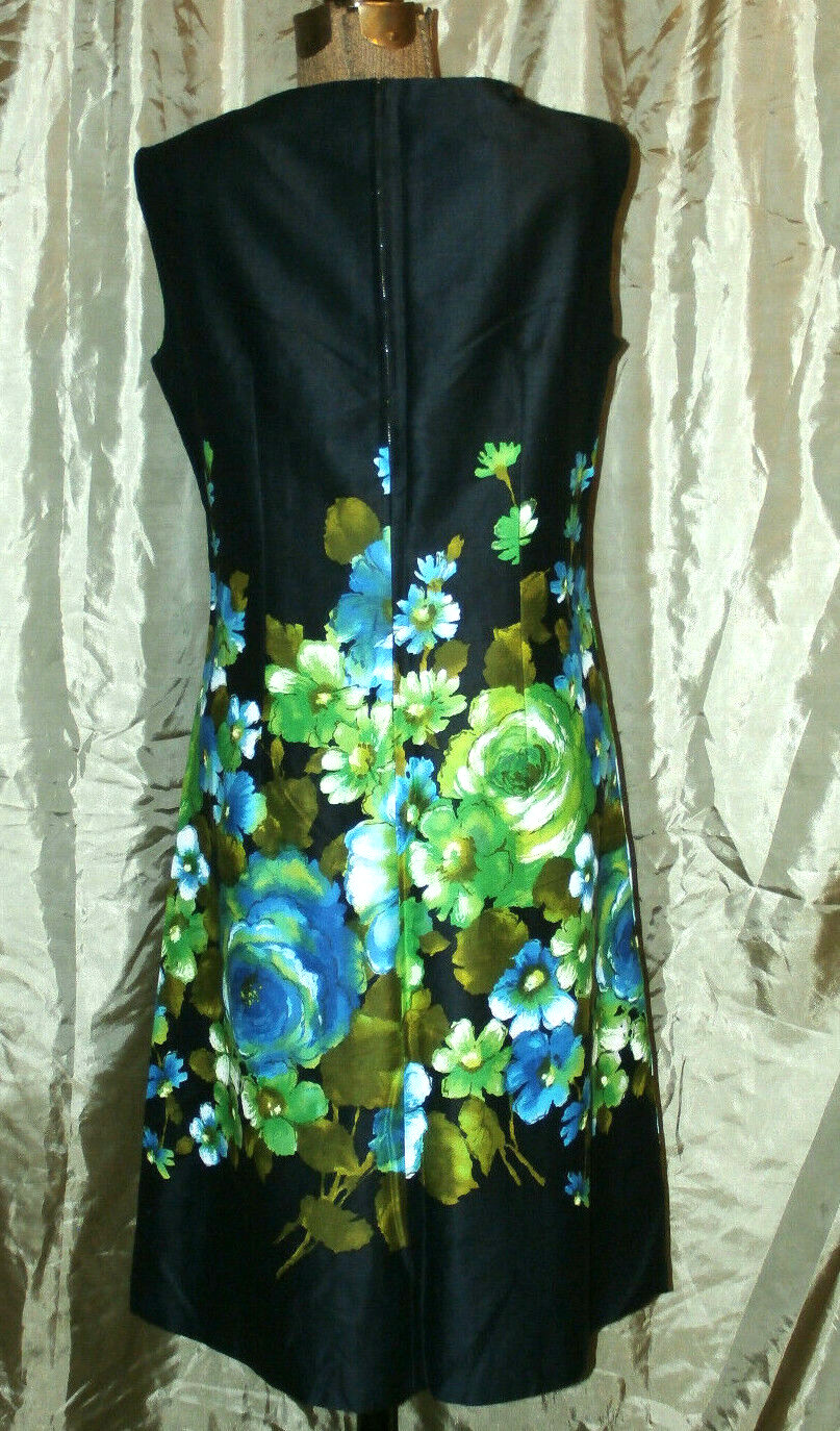 EUC Vintage Sz 40″ bust M Black Home Made Sleeveless DRESS Big Aqua Floral