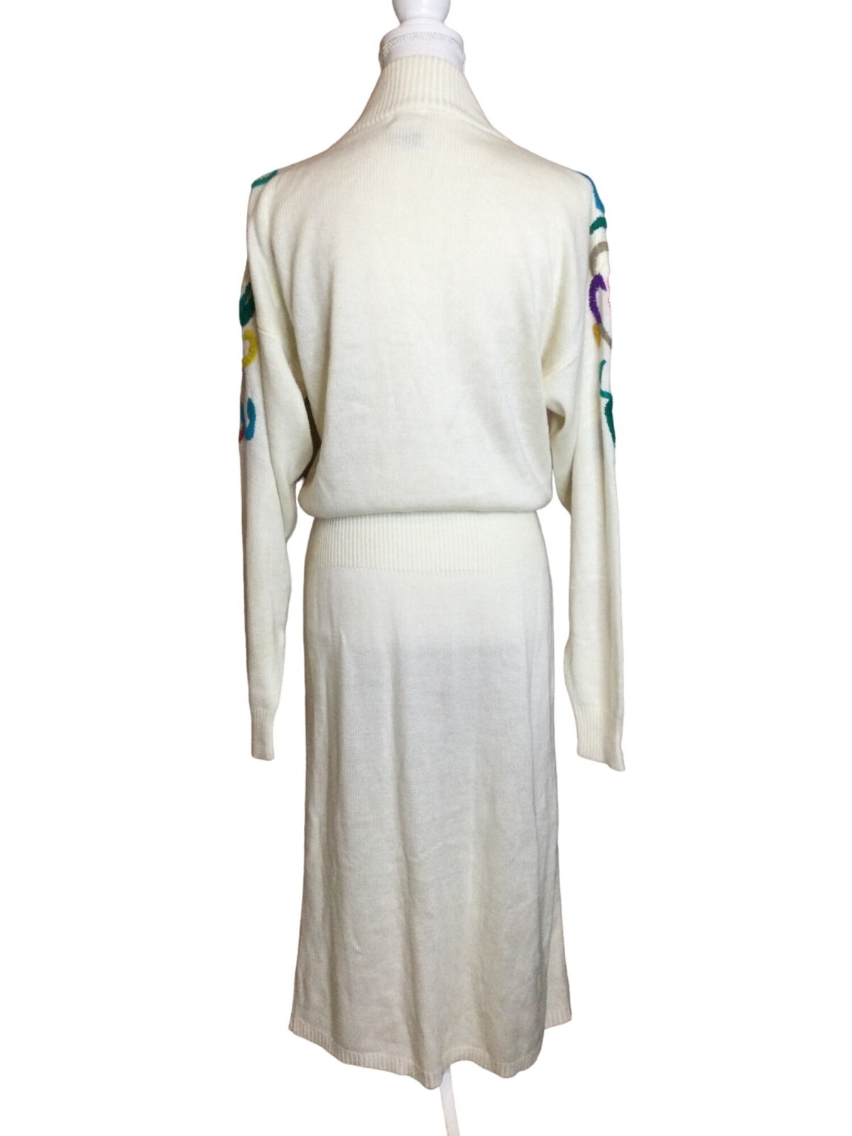 Vintage Darian Acrylic Knit Sweater Dress Crewel Embroidered Floral Slouch Midi