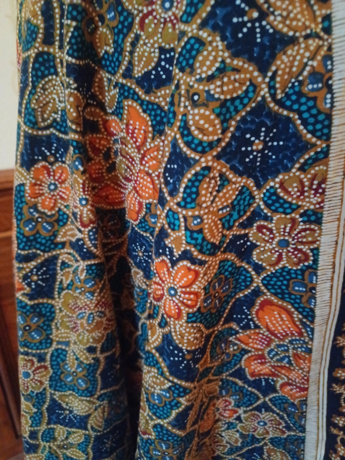 Vintage 1970s 100% Cotton Batik Print Blue and Brown Boho Midi Skirt
