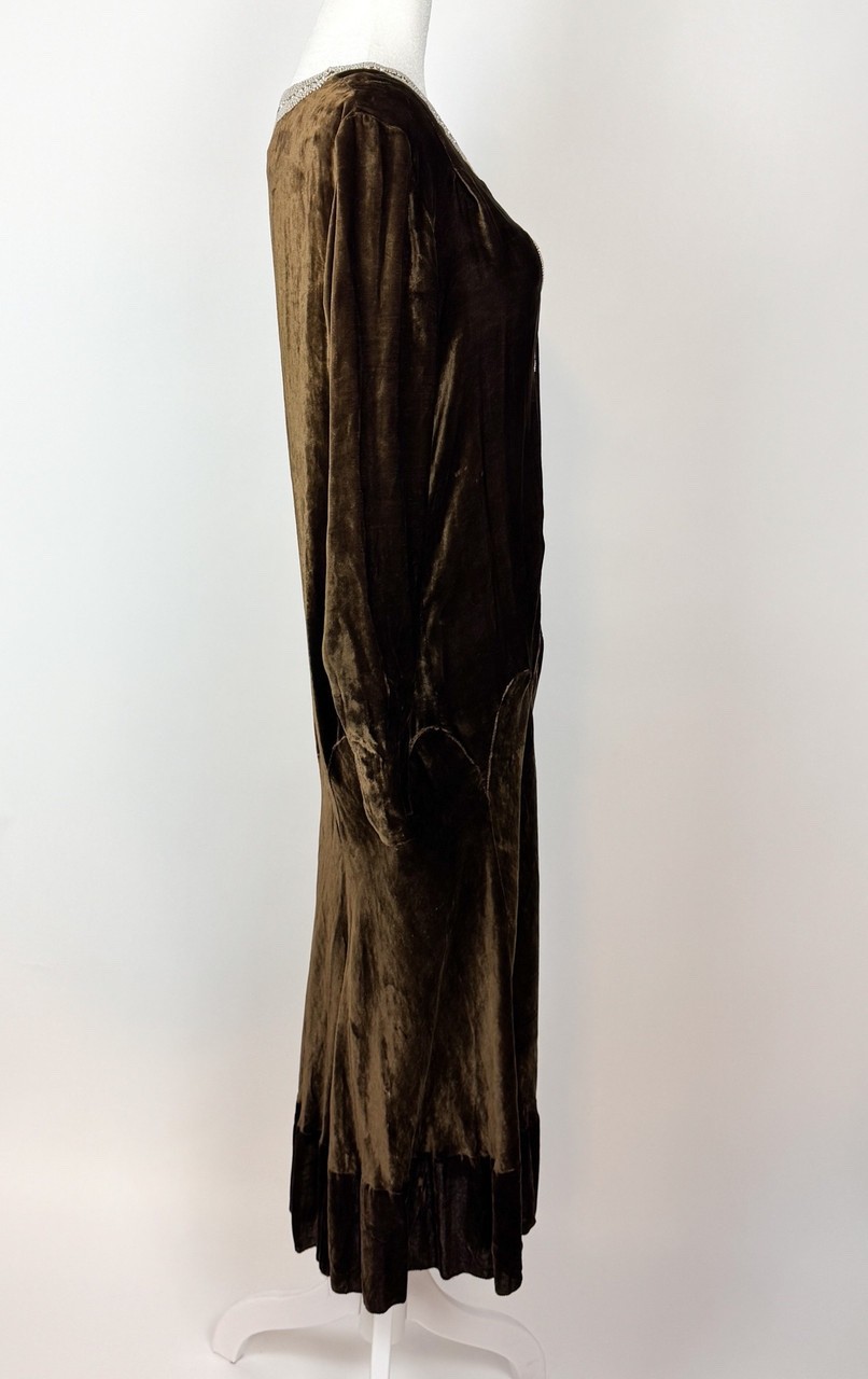 1920s Brown Silk Velvet Rhinestone Bow Flapper Dress