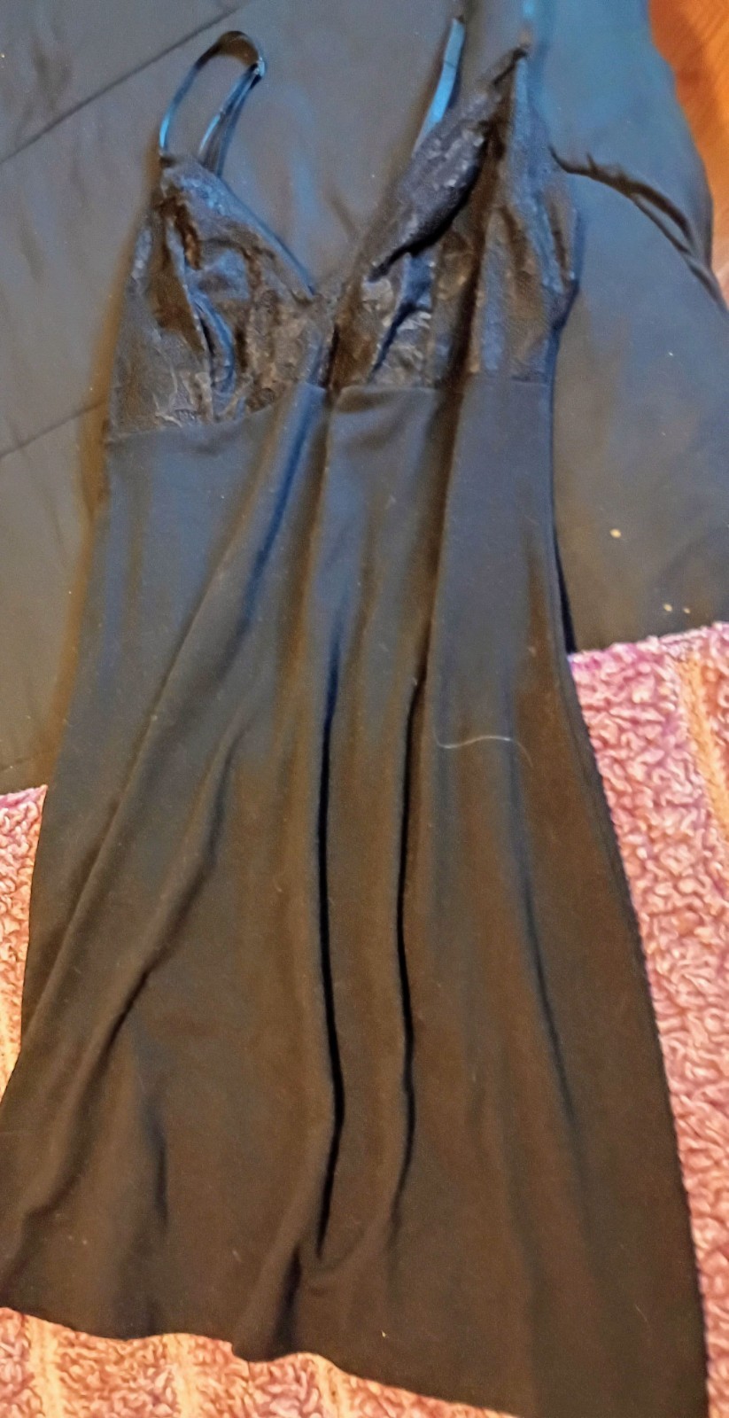 Women’s Black Lace-Trim Spaghetti Strap Slip Lingerie Nightgown