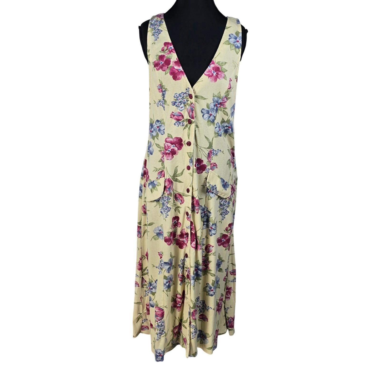 Ashley Taylor Vintage 90s Floral Button Front Jumper Dress Yellow Pink Blue Med
