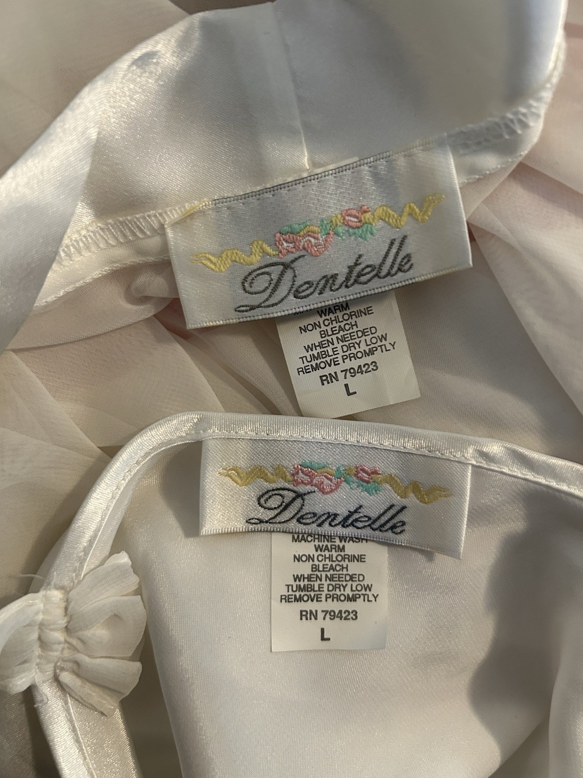 Vtg 90s 2 pc Dentelle White Satin Chiffon Lace Pearls Bridal Nightgown Sz L