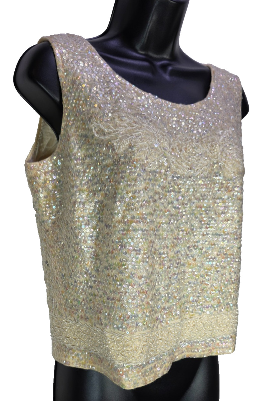 Vintage 50s – Butter Cream / 100% Wool Beaded Sequin Sleeveless Top Size Small