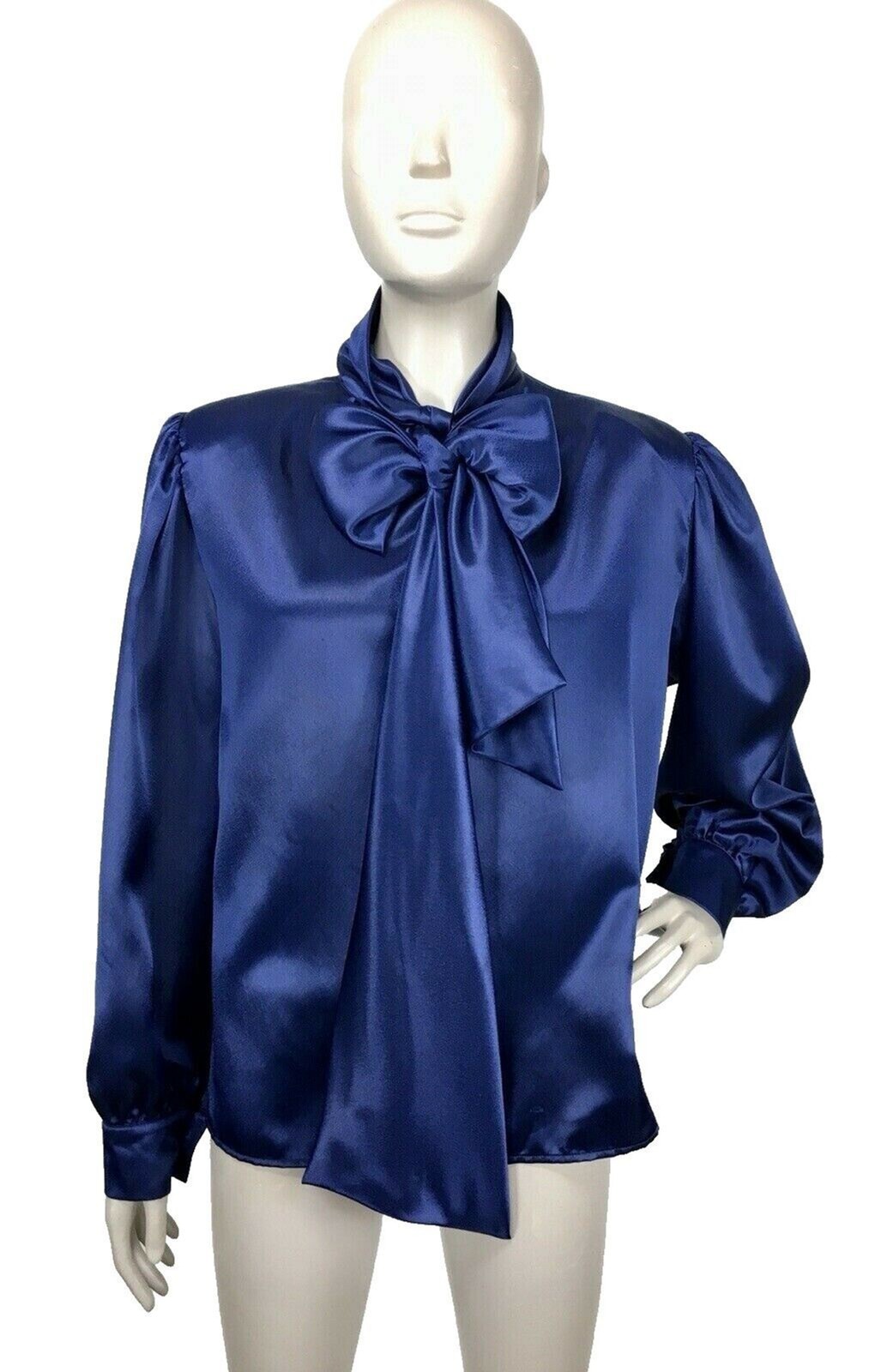 Vintage Jewel Tone Cobalt Satin Puff Poet Balloon Sleeve Neck-Tie Bow Blouse