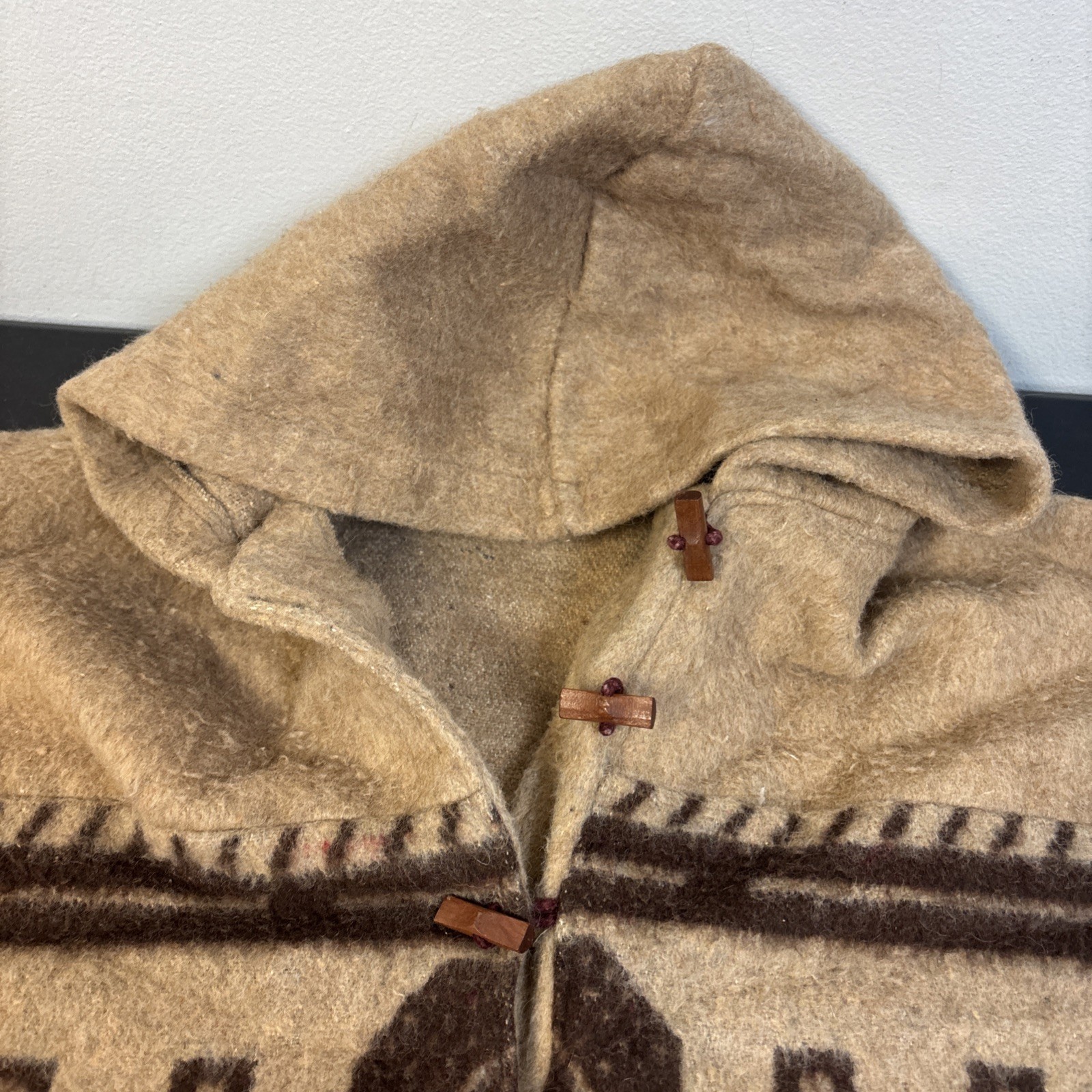Vintage Aztec Hooded Wool Blend Poncho Jacket With Pockets One Size – S To 3xl