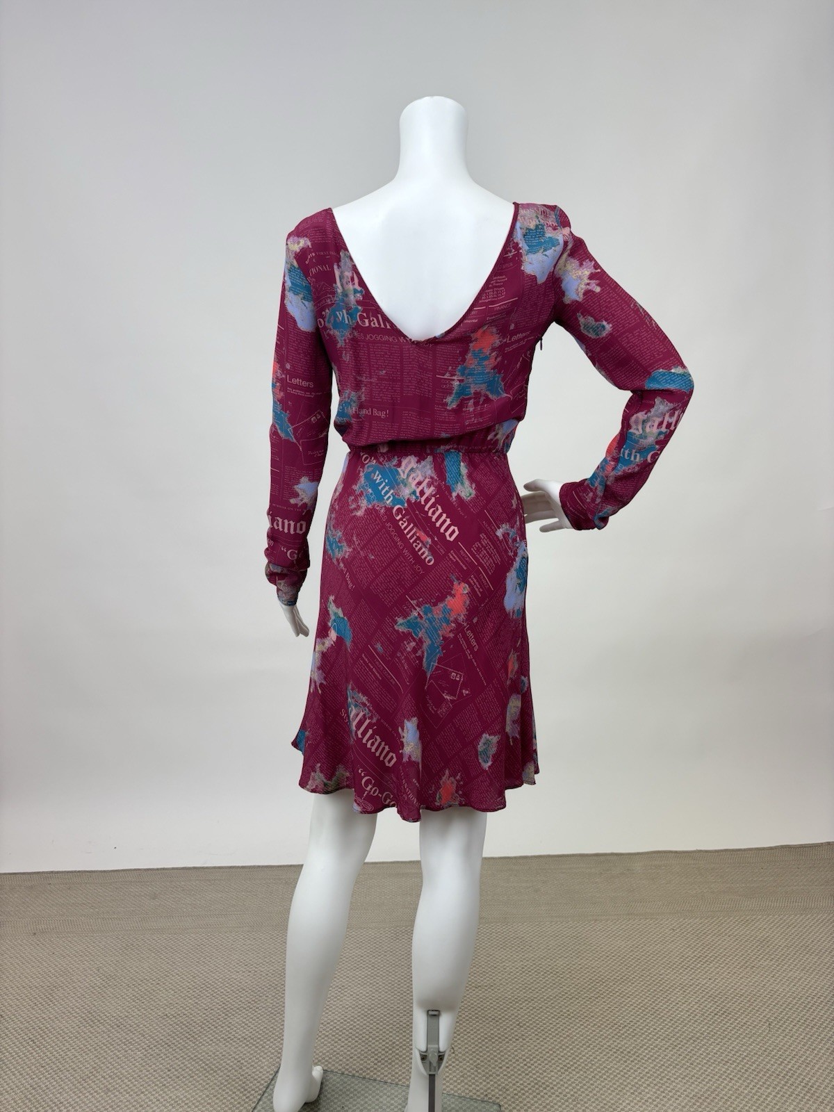 Vintage Rare Galliano Pink and Blue Newsprint Long sleeve Dress Sheer 100% Silk