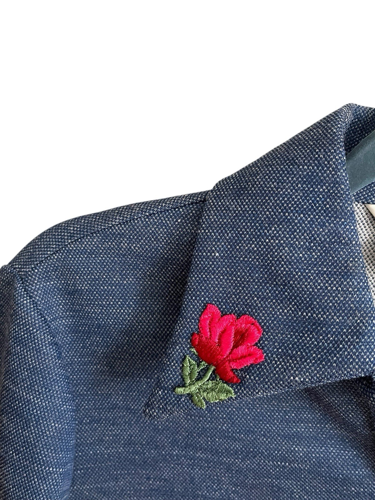 Vintage 70s Sears Fashions Red Roses Patch Button Shirt Polyester Denim Look 12