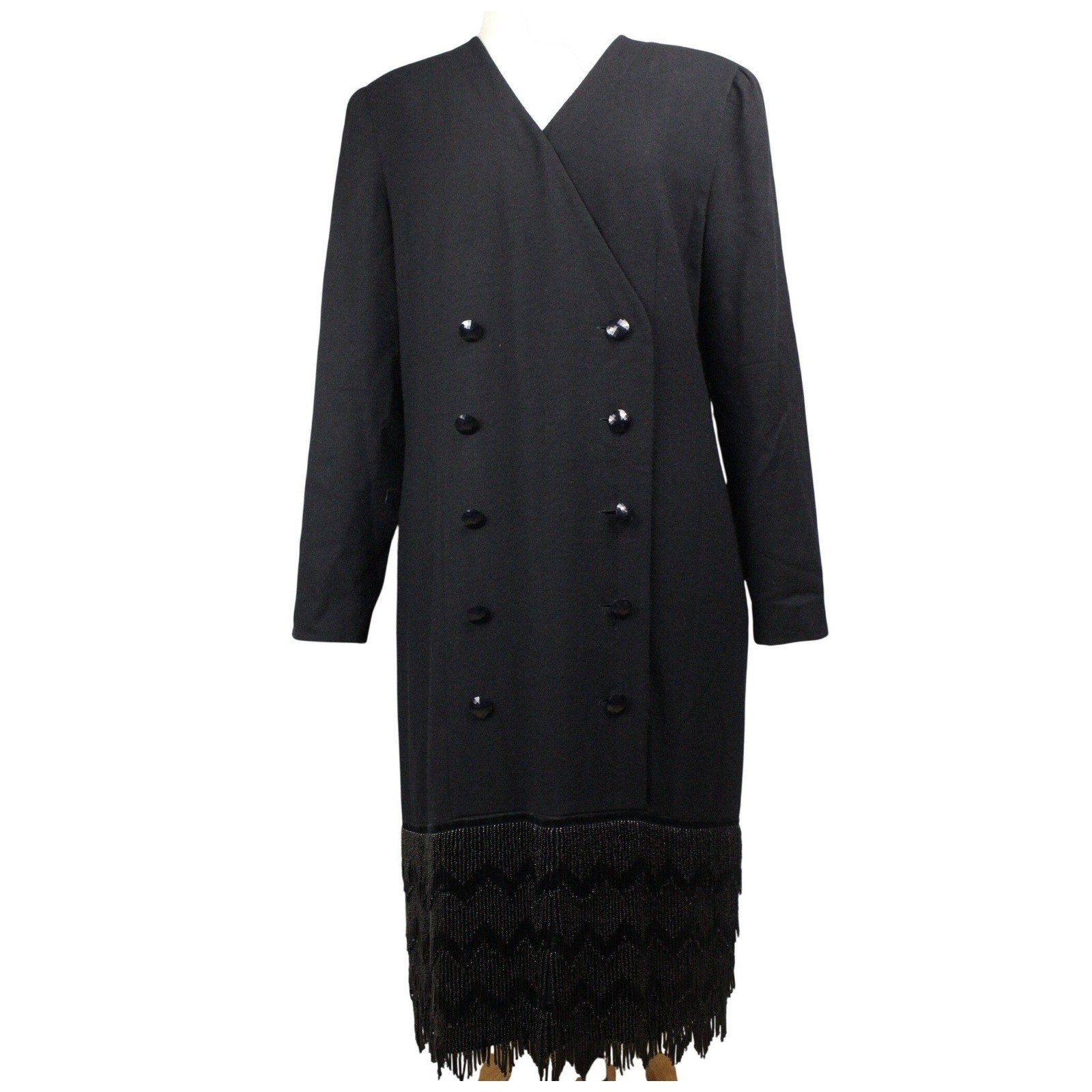 Vintage Pia Rucci Black Wool Beaded Fringe Dress 80s Double Breasted Size 10