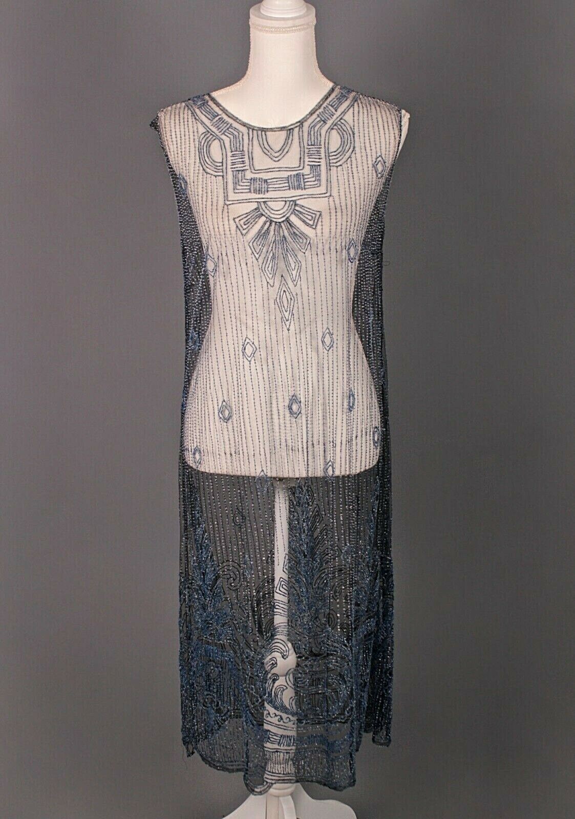 VTG Women’s 20s Mesh Blue Beaded Drop Waist Flapper Dress Sz s 1920s Art Deco