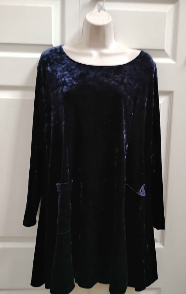 MODA INT’L Women’s Large A-Line Dress Blue Crush Velvet Long Sleeves Pockets VTG