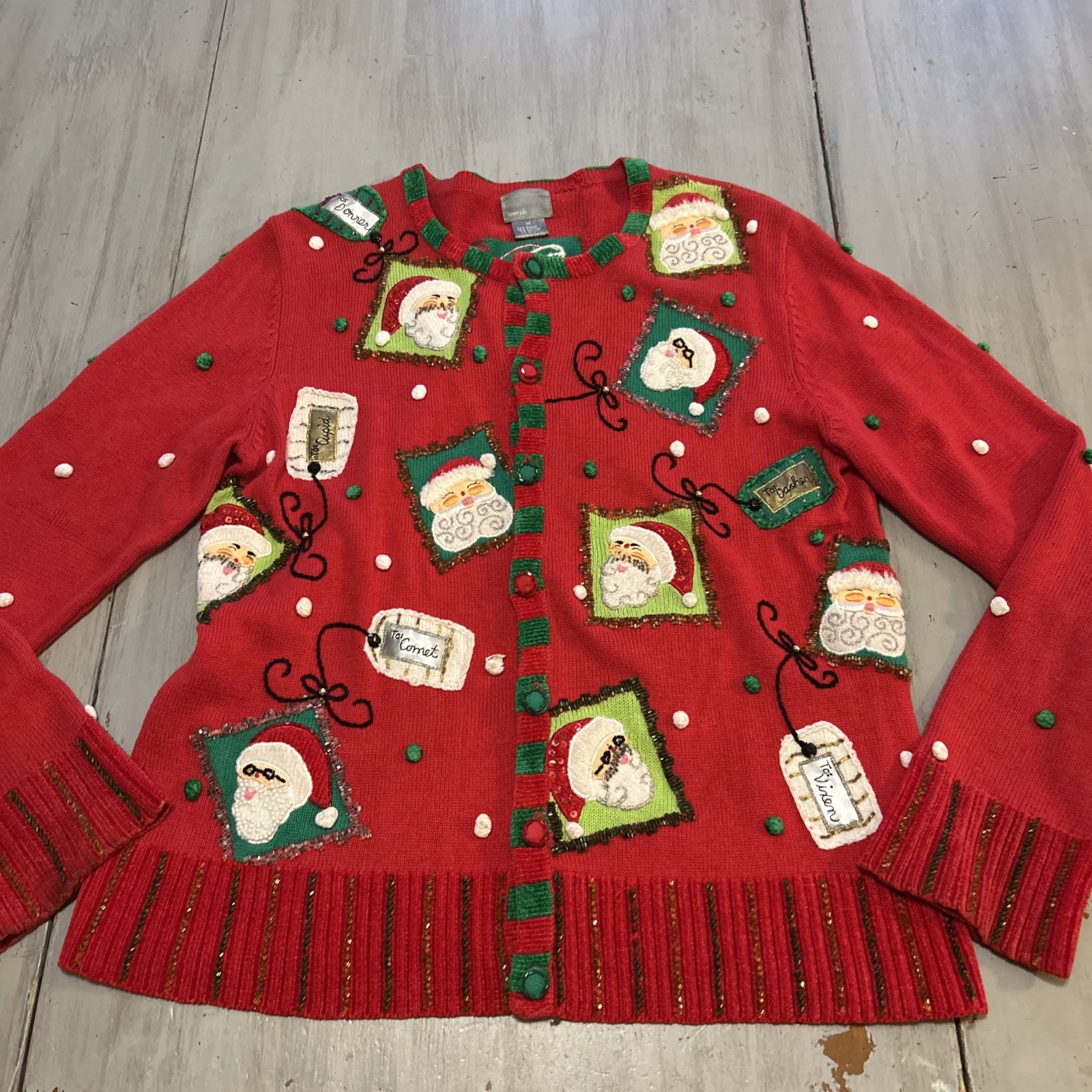 Berek Red Green Christmas Santa Reindeer Gift Tags Beaded Pom Poms Cardigan Sz M
