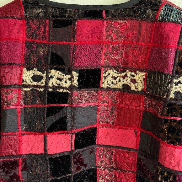 Chico’s Design Red Patchwork Silk Blend Open Front Jacket Boho Vintage Style