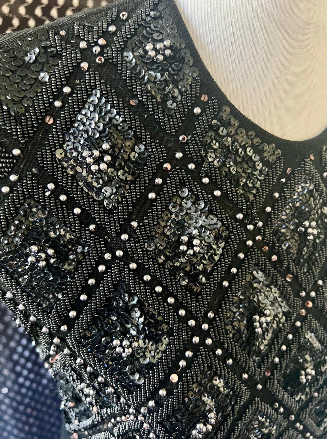 Black sequin and seed beaded stretch jersey evening top vtg 60s