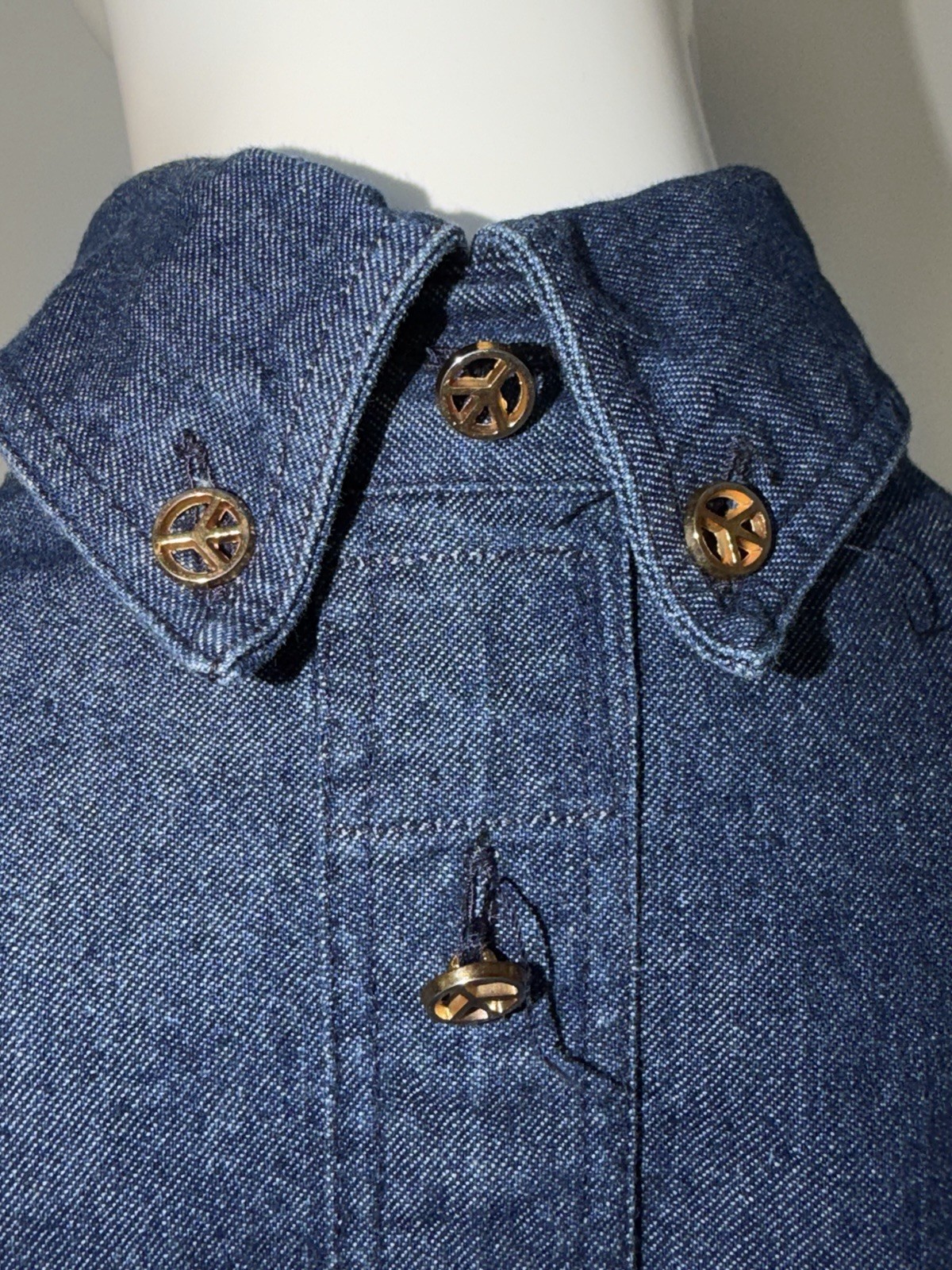 VTG 90s Franco Moschino Jeans Iconic Backwards Heart Peace Signs Denim Shirt MED