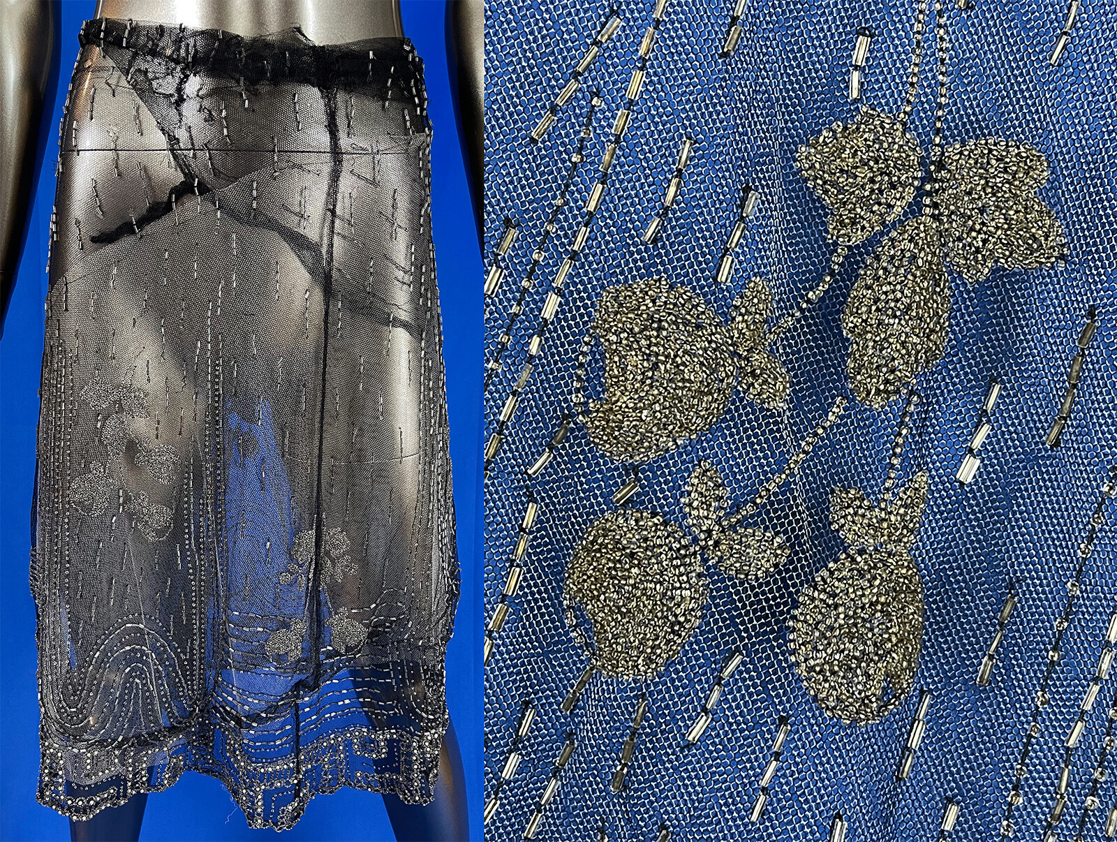 Vintage Art Deco Black Net Silver Beaded Berries Seed Pearl Flapper Dress Fabric