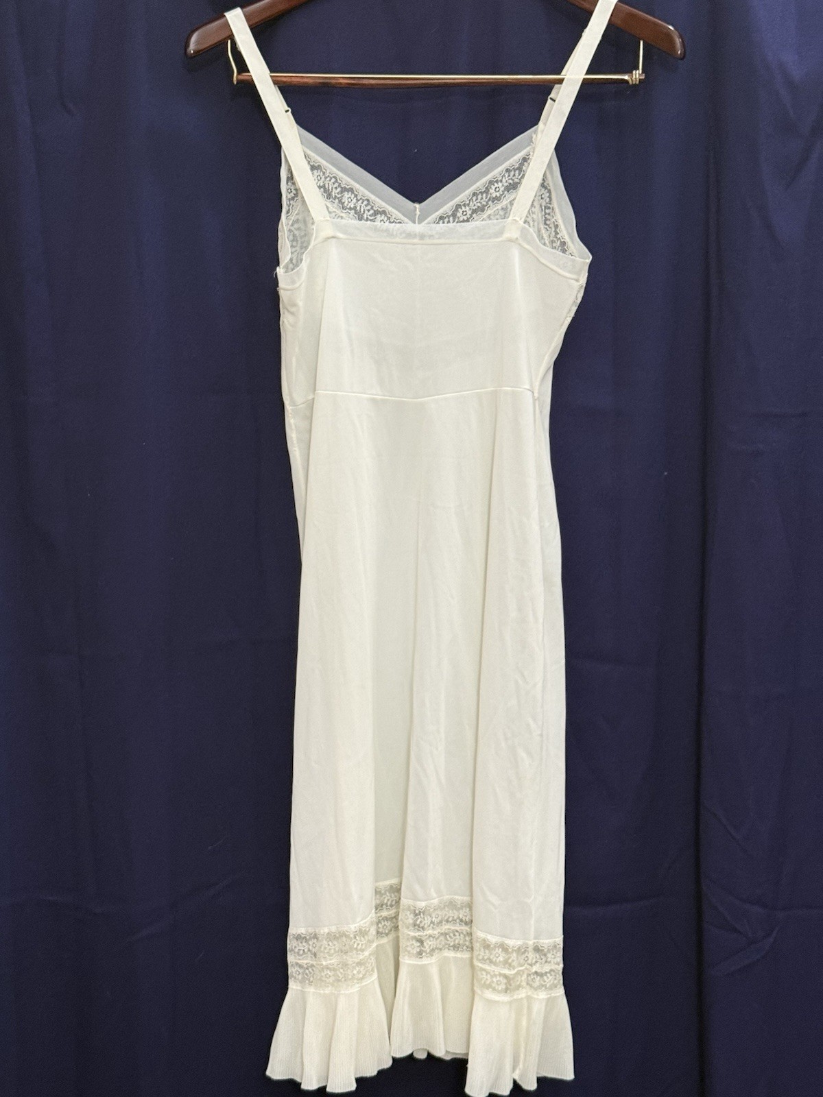 VTG Ivory Lace Slip Dress Pleated Ruffle Hem Nylon Coquette Bridal Midi