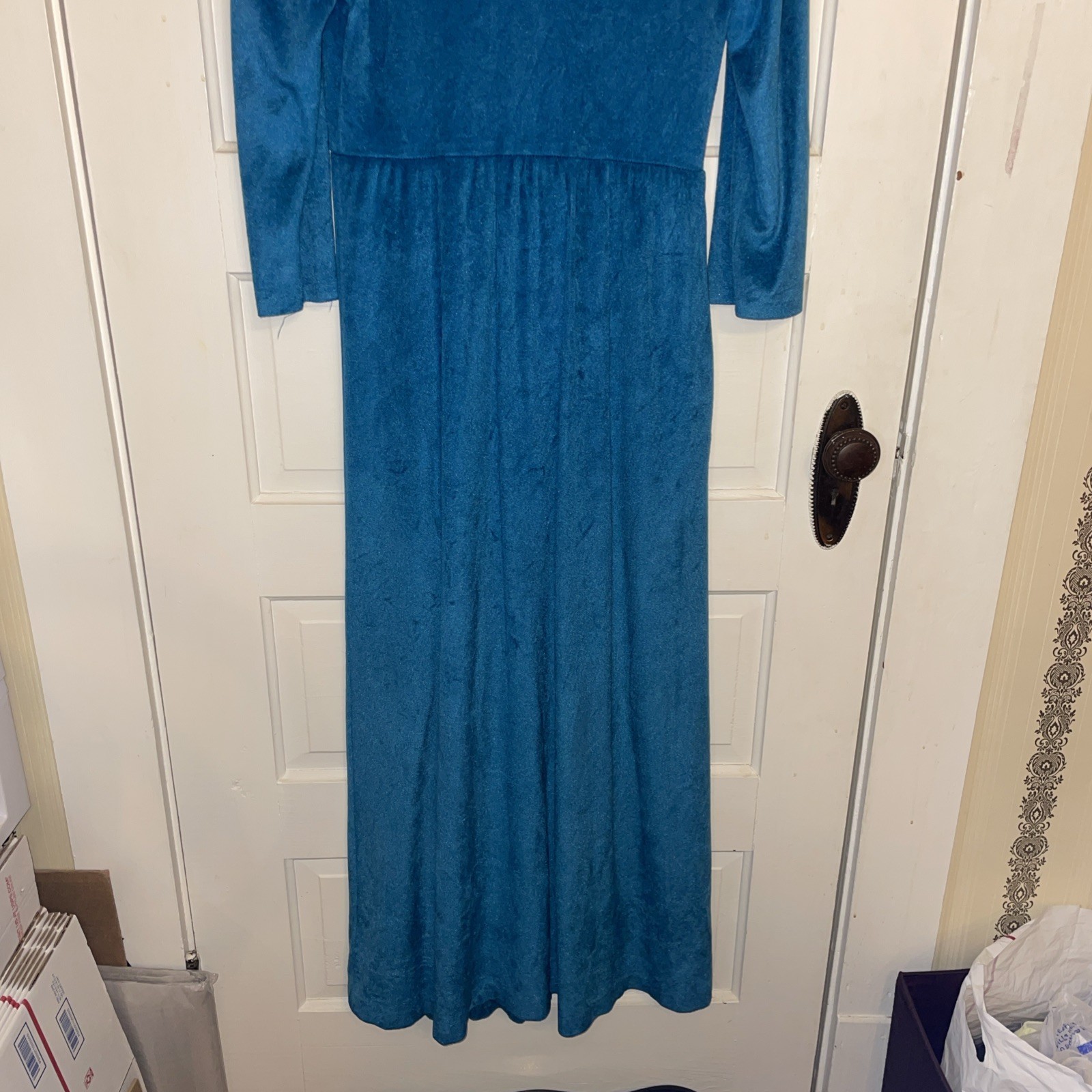 Vintage Teal Velvet Long Housecoat Lace Trim Grandma Granny Nostalgia M 12-14