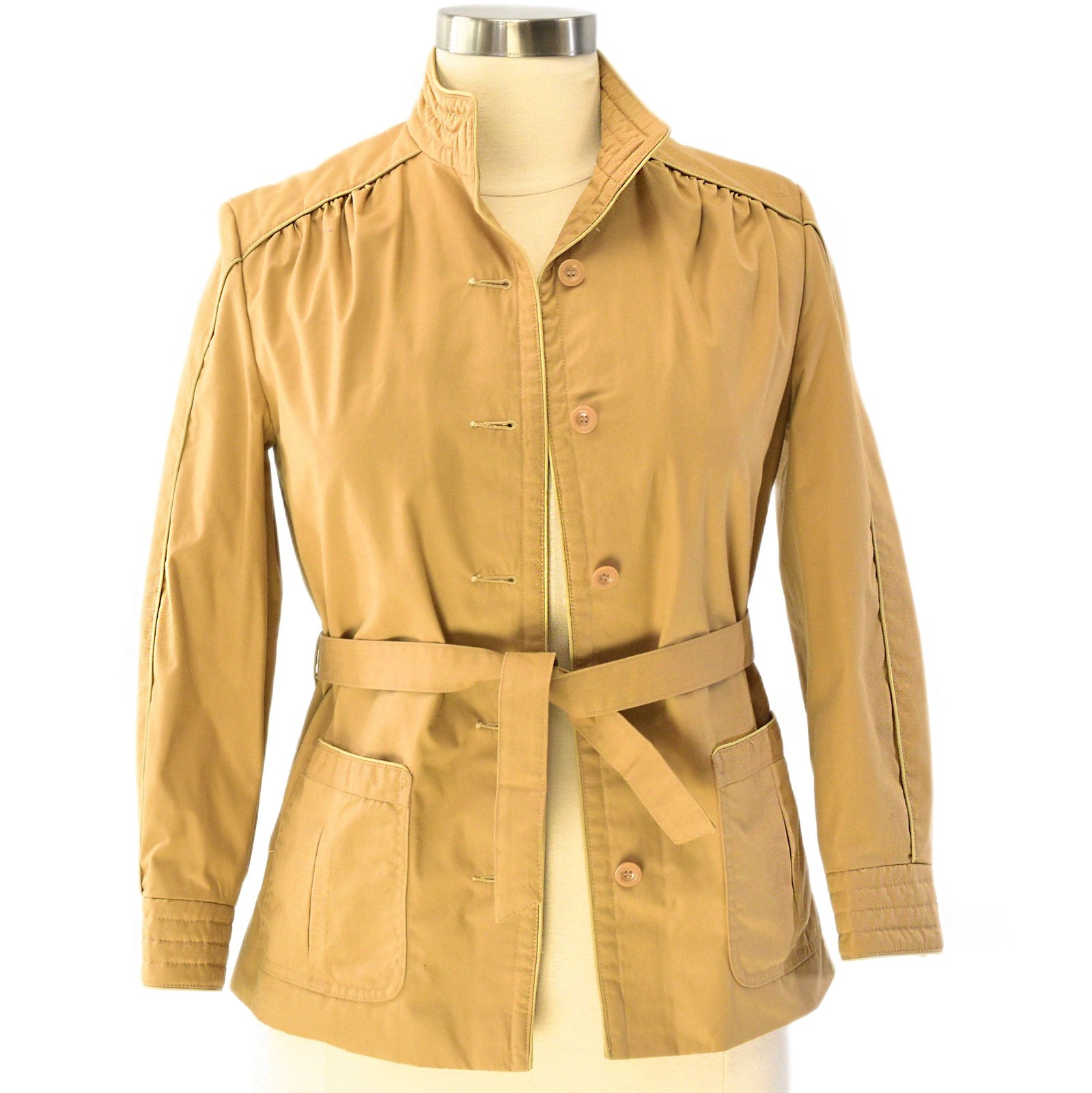 70s Vintage Tan Utility Jacket Womens L Stand Up Collar Belted Contrast Trim