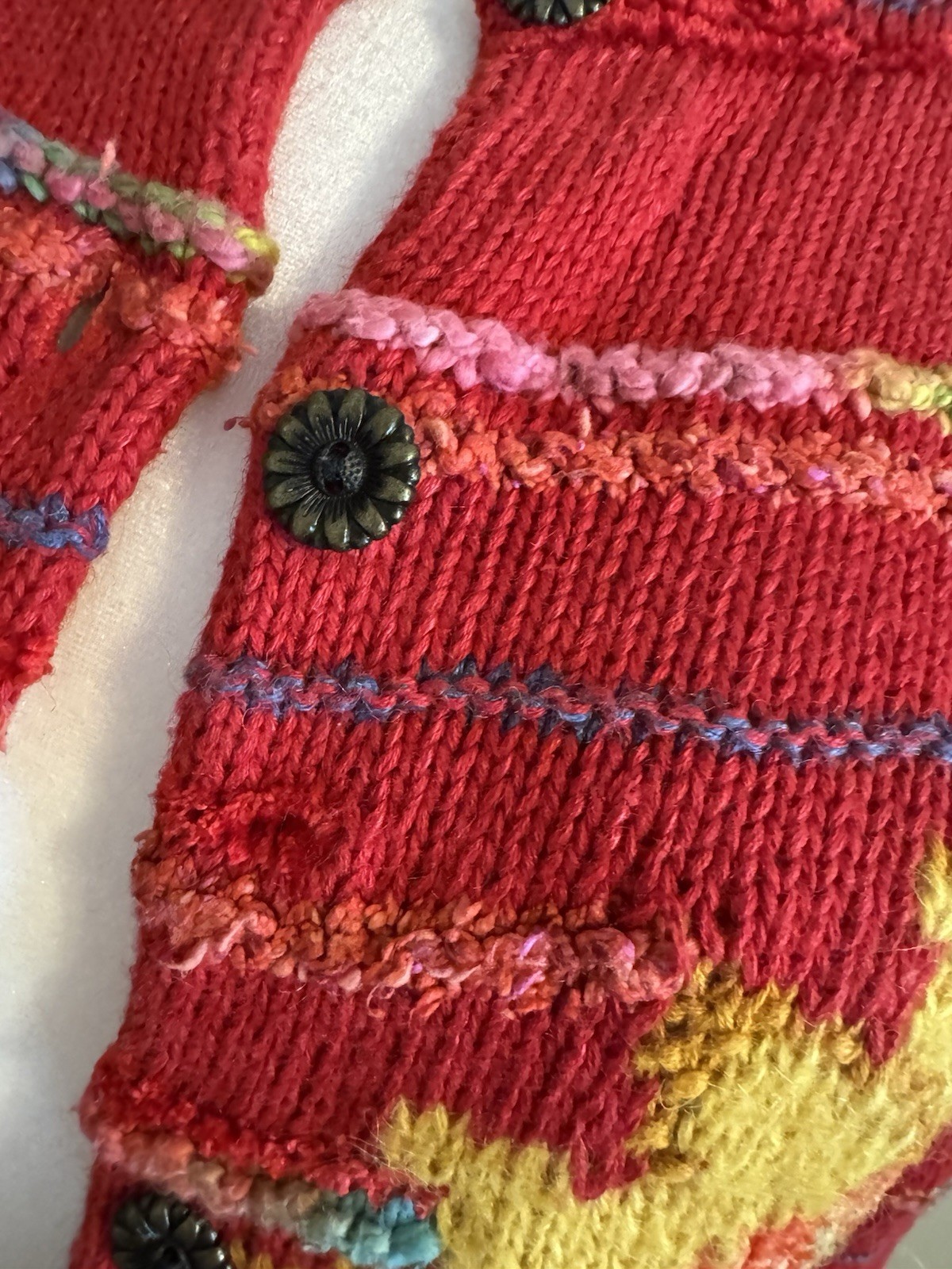 Susan Bristol Sunflower Hand Knit Red Cardigan 2002 Granny core Med Cotton/silk