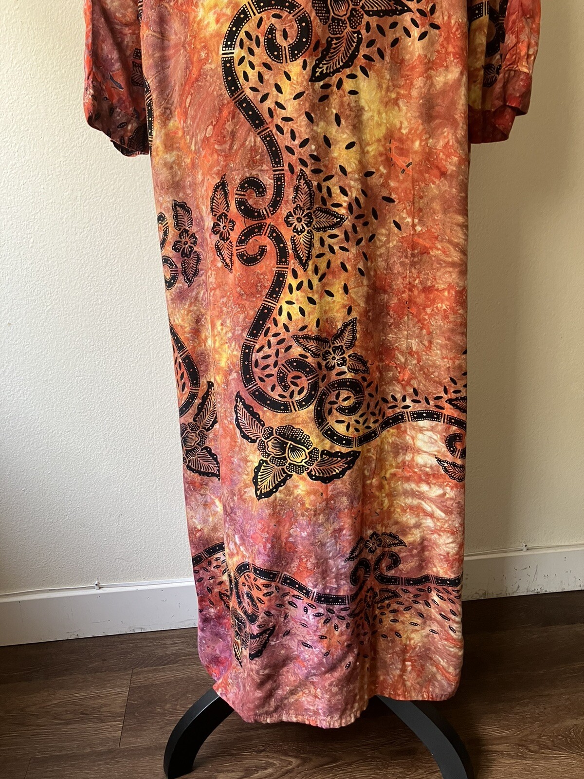 Vintage 70s Lady Cactus Batik Print Tie Dye Caftan/Maxi Dress Boho Festival L/XL