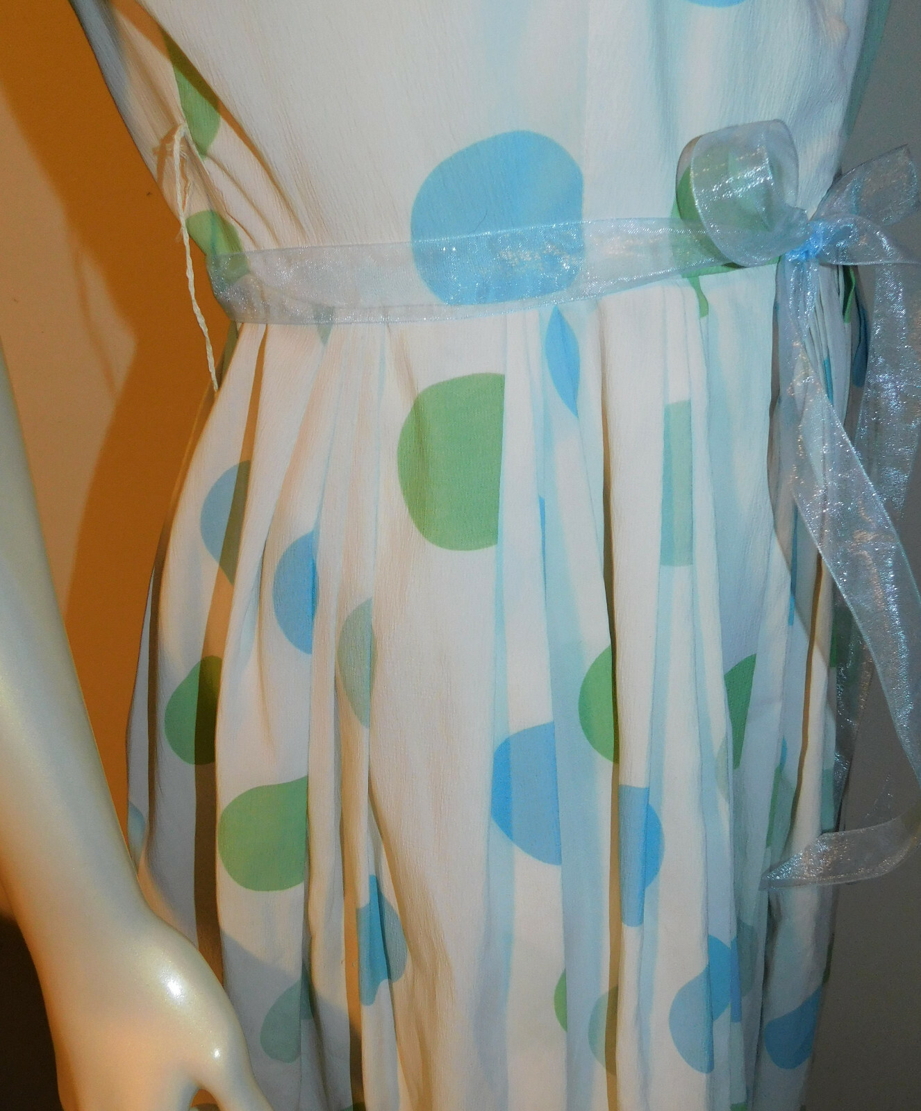 Polka Dot Vintage Dress 8 10 12 Fitted Blue Green SS Pleated Full Skirt Button