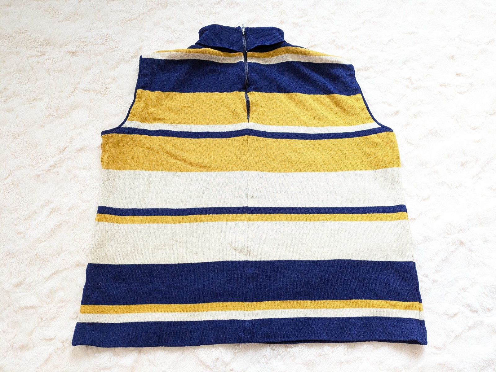 Vintage Mod Mock Neck Sleeveless Knit Layering Top Blue Yellow Stripes Large
