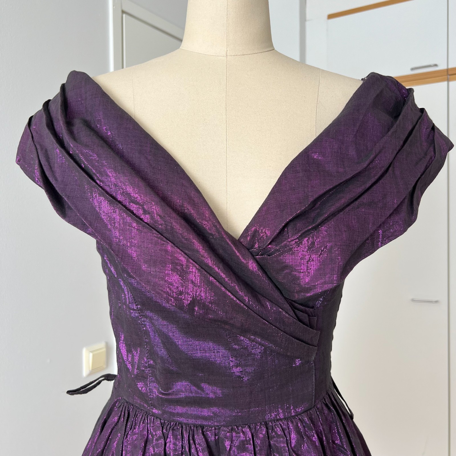 1980s Purple Off Shoulder Cocktail Party Dress Cotton Blend Aline Midi Retro 36