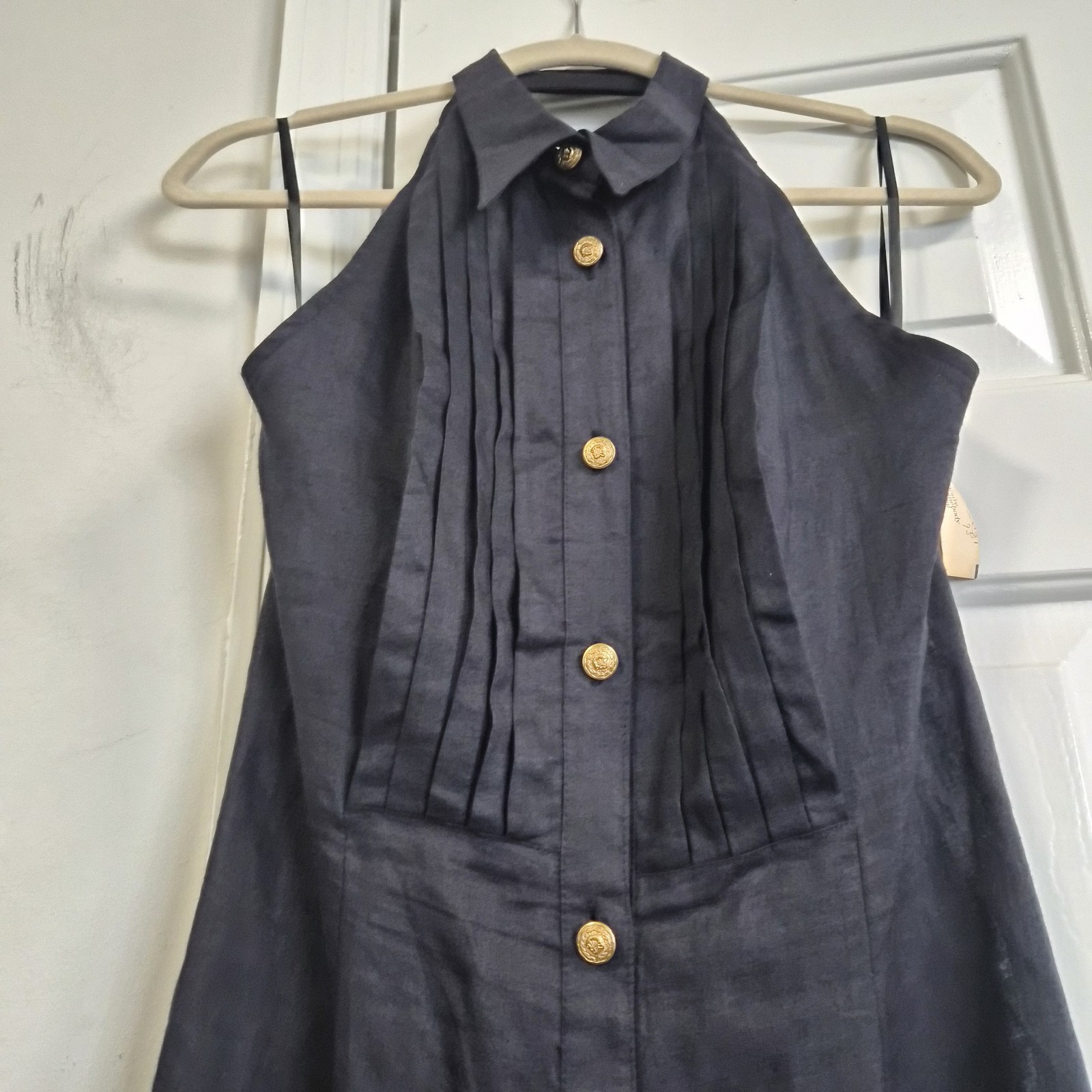 VTG Hulter Tuxedo Linen Dress 8 Navy Pintuck Gold Button 90’s Old money Minimal