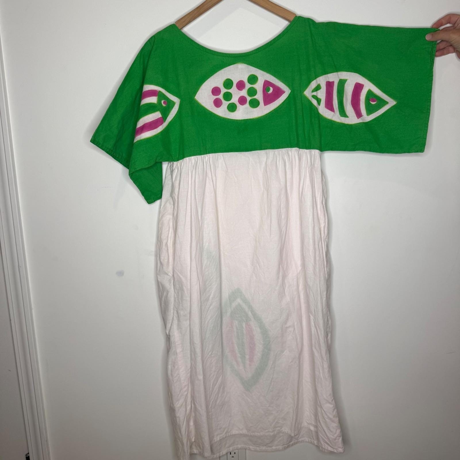 Vintage Lechuza for The Fabrics Dress Hand Painted Art Indie 70s Beach Resort