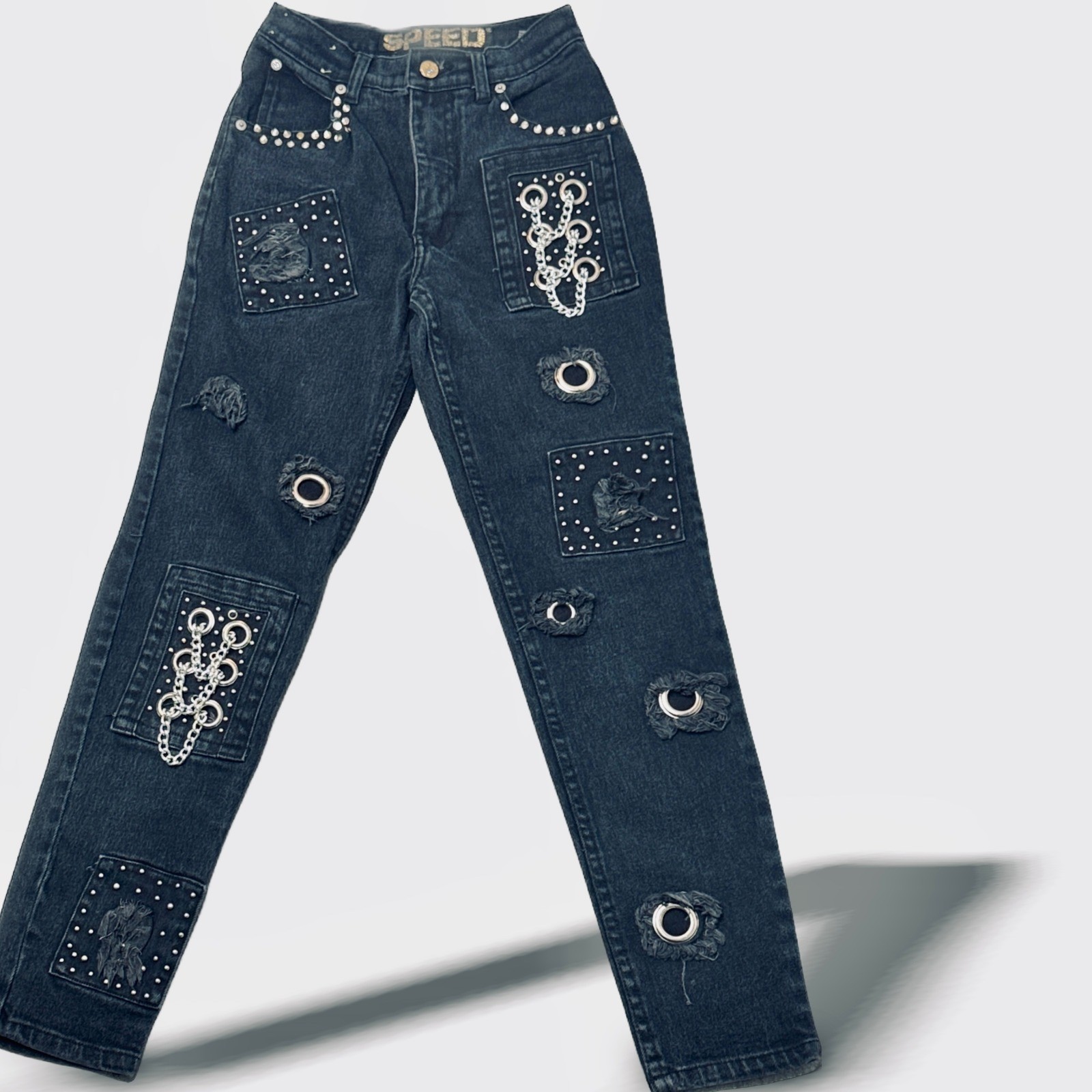 Y2K Embellished Jeans Studded Patched Denim Vintage 90s Speed Grungecore SZ 8
