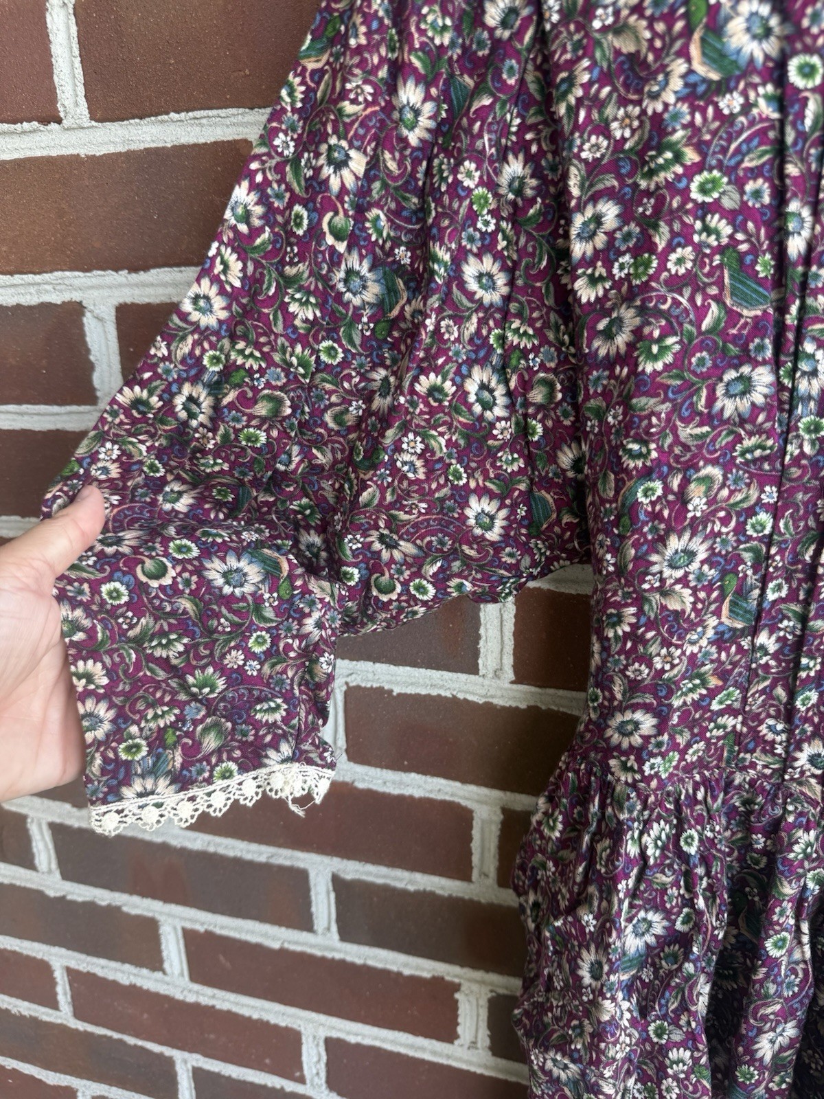 Vintage 80s Moonglow Floral Prairie Dress Small Lace Trim Drop Waist Peplum