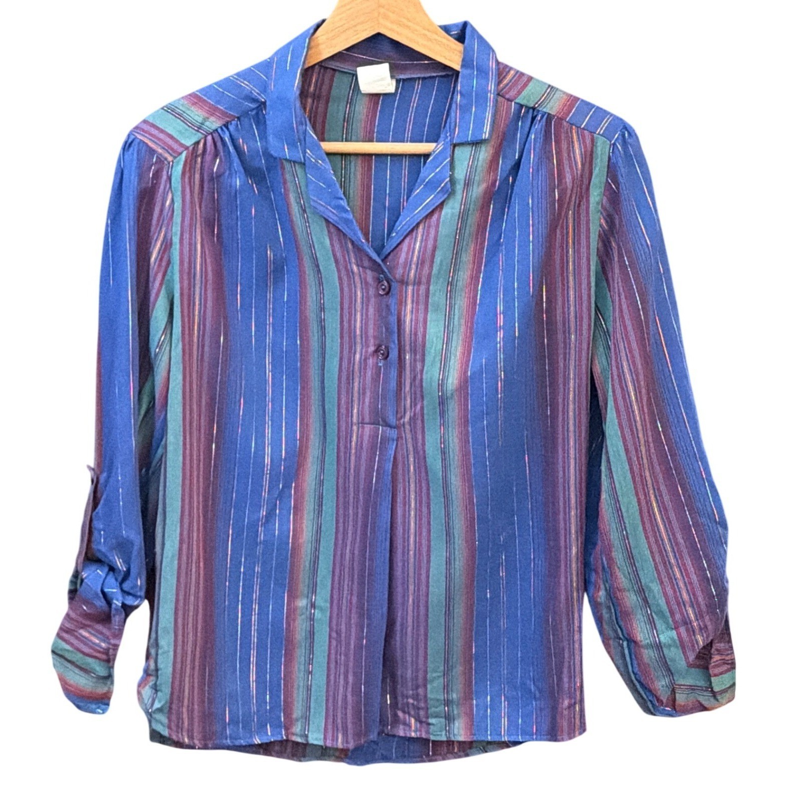 Vintage Boho Striped Blouse Retro Disco Metallic Shimmer Jewel Tone Lurex Glam