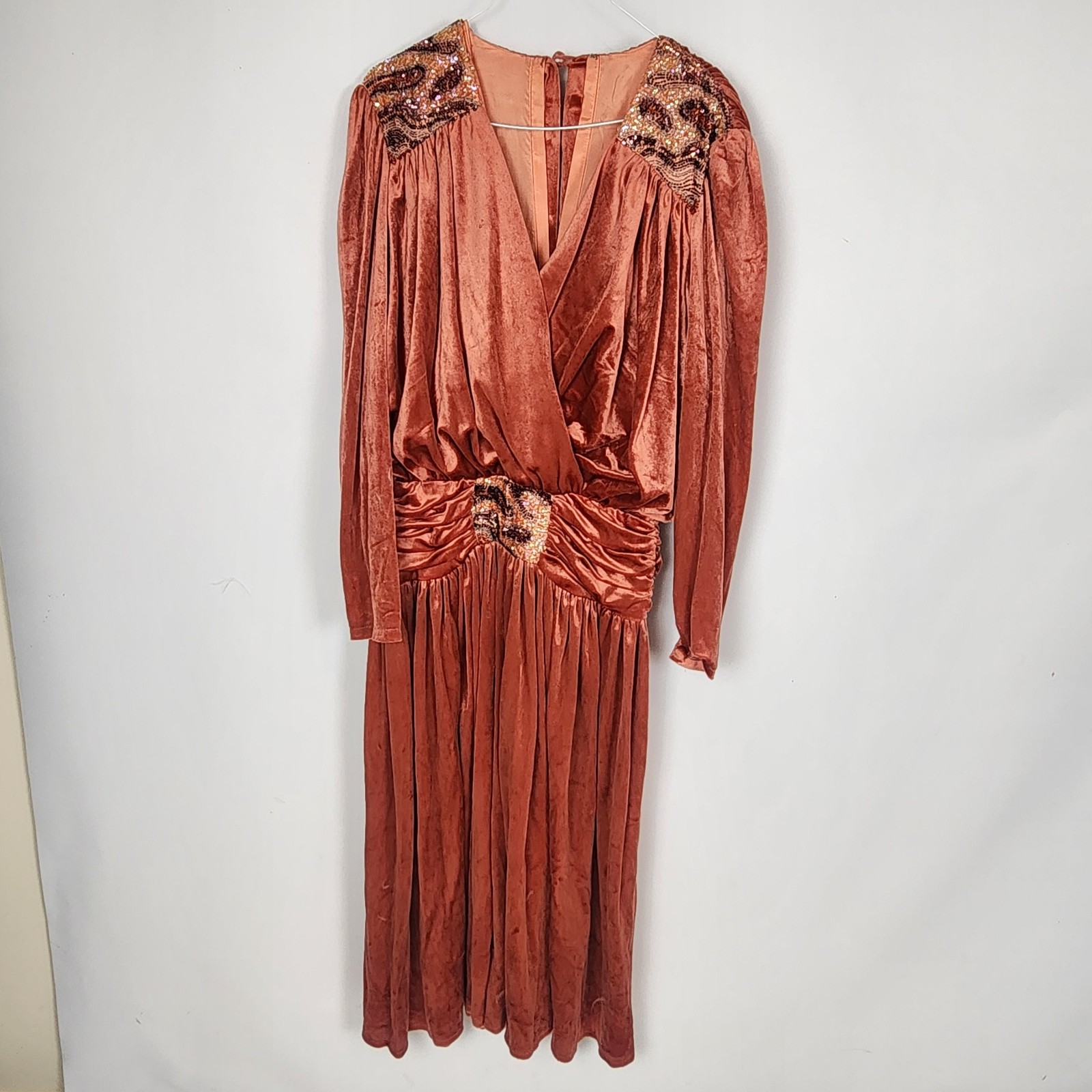 Vintage 80s Rust Velvet Dress 10 Beaded Disco Studio 54 Draped Rare John Charles