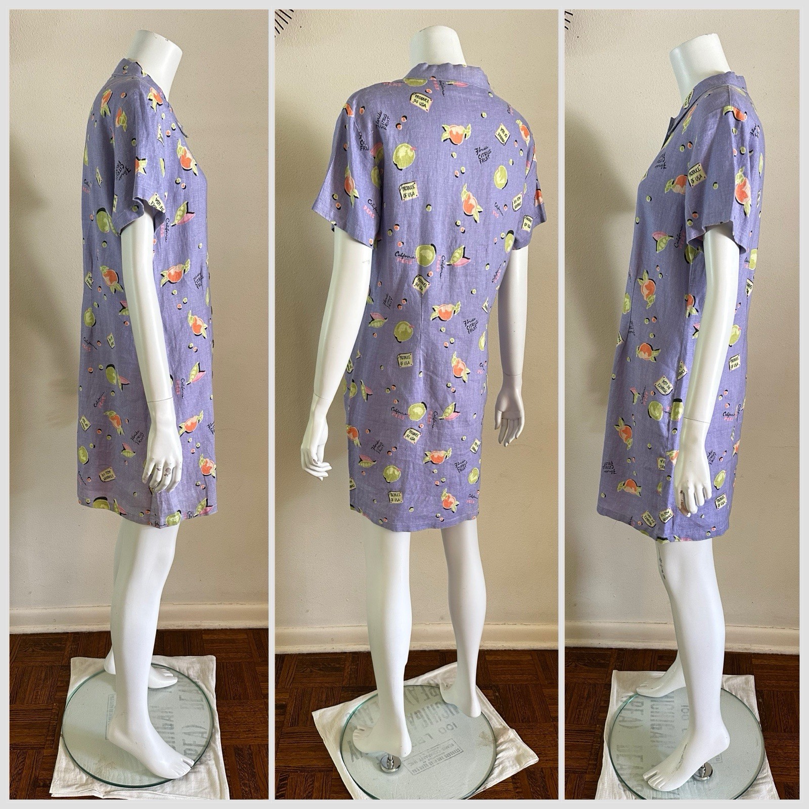 Vintage 90s Linen Novelty Citrus Fruit Shirt Dress Purple Button Front Kiko S M